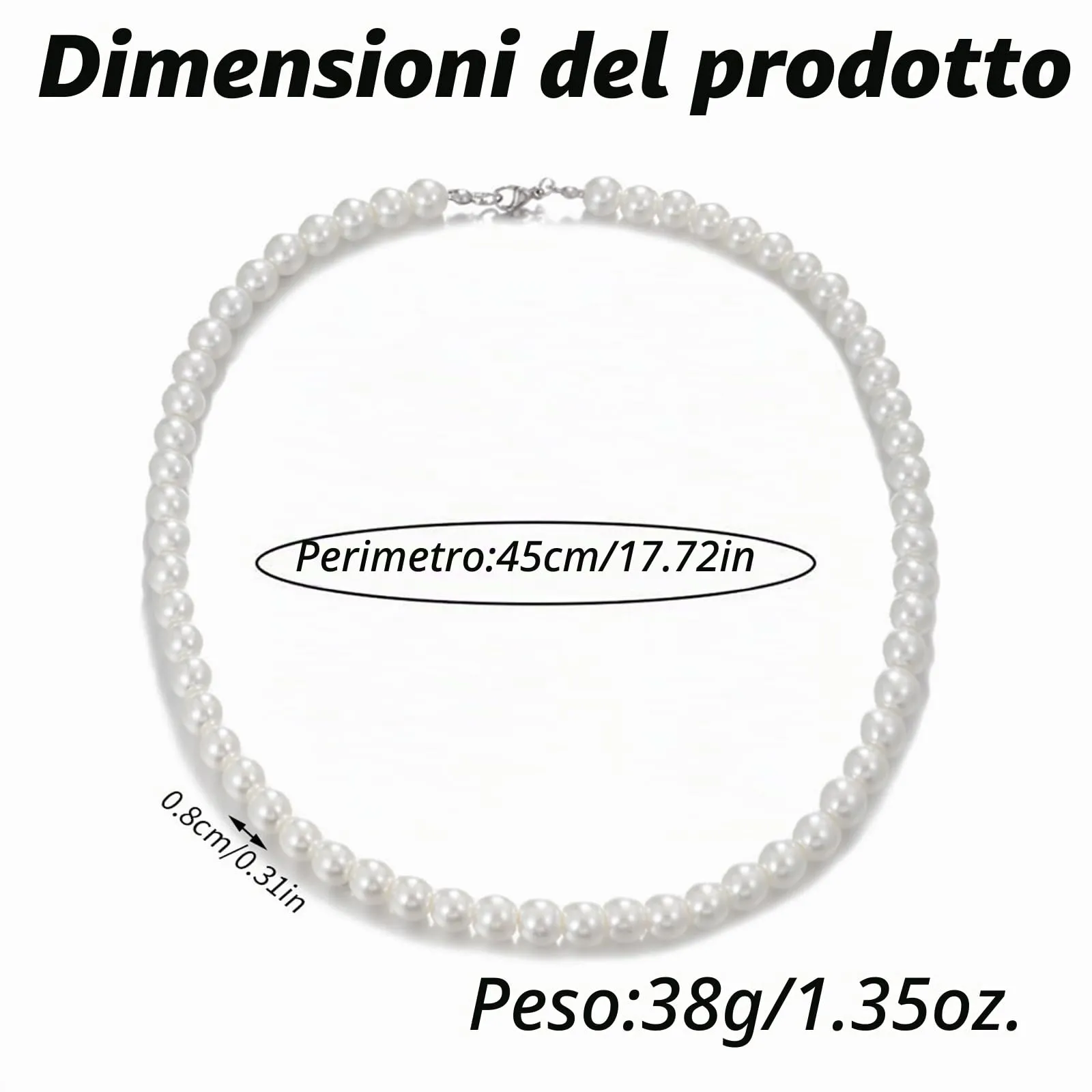 ZWWOGE Collana di Perle Bianco per Uomo, 8 mm, 45 cm - immagine 2