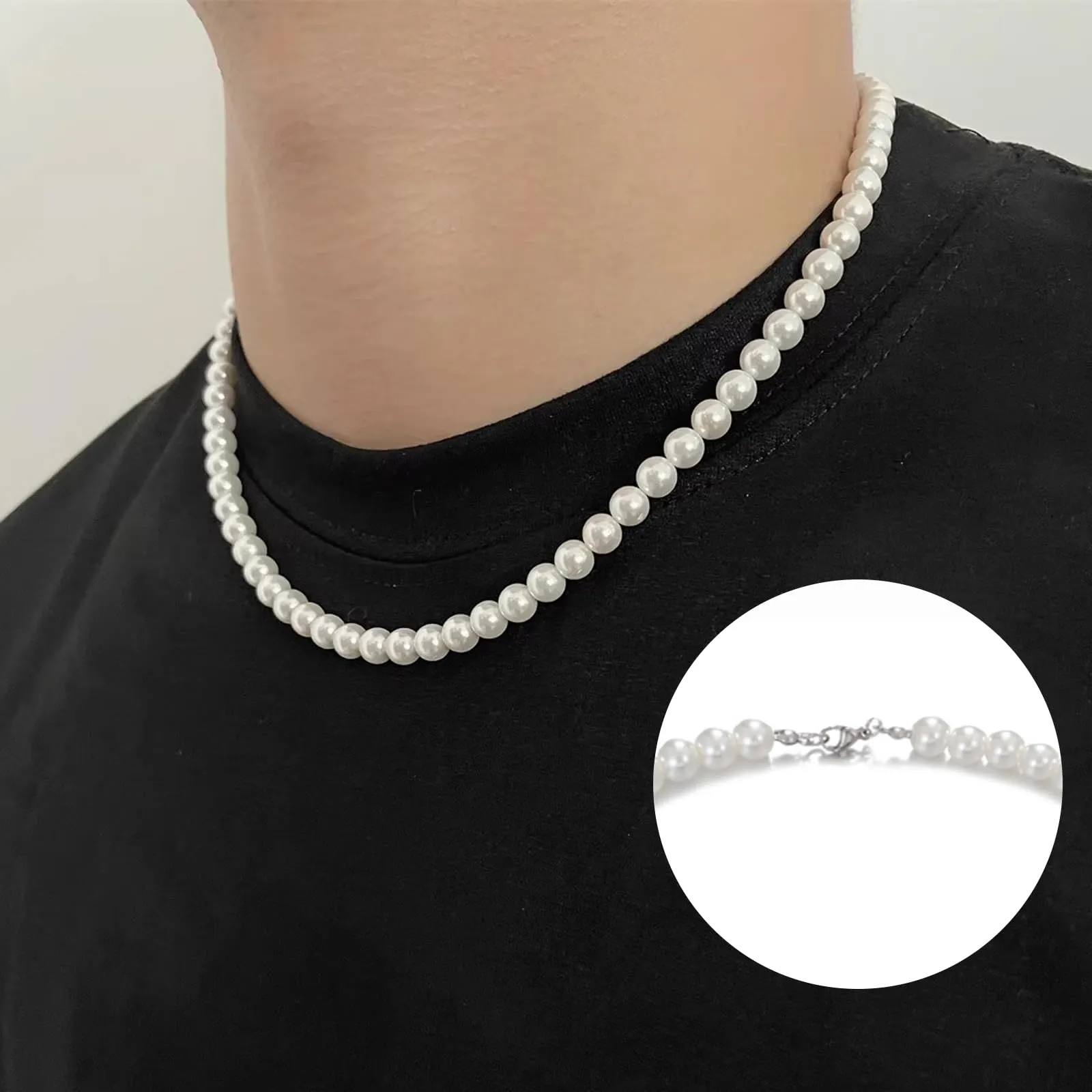ZWWOGE Collana di Perle Bianco per Uomo, 8 mm, 45 cm - immagine 3