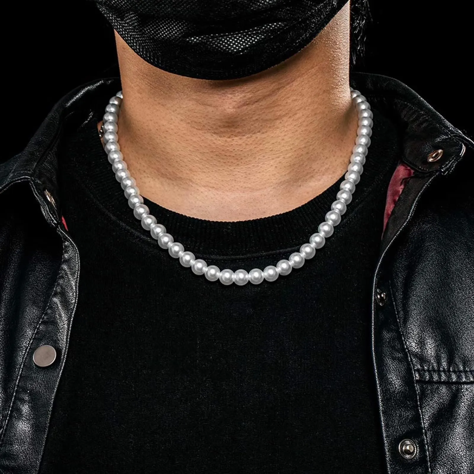 ZWWOGE Collana di Perle Bianco per Uomo, 8 mm, 45 cm - immagine 4