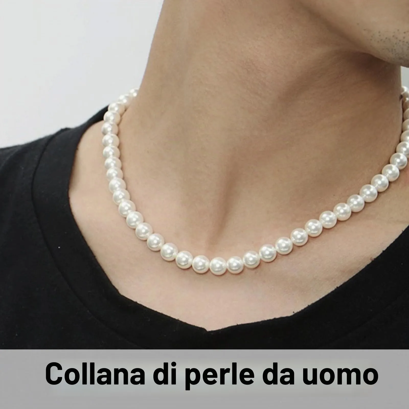 ZWWOGE Collana di Perle Bianco per Uomo, 8 mm, 45 cm - immagine 5