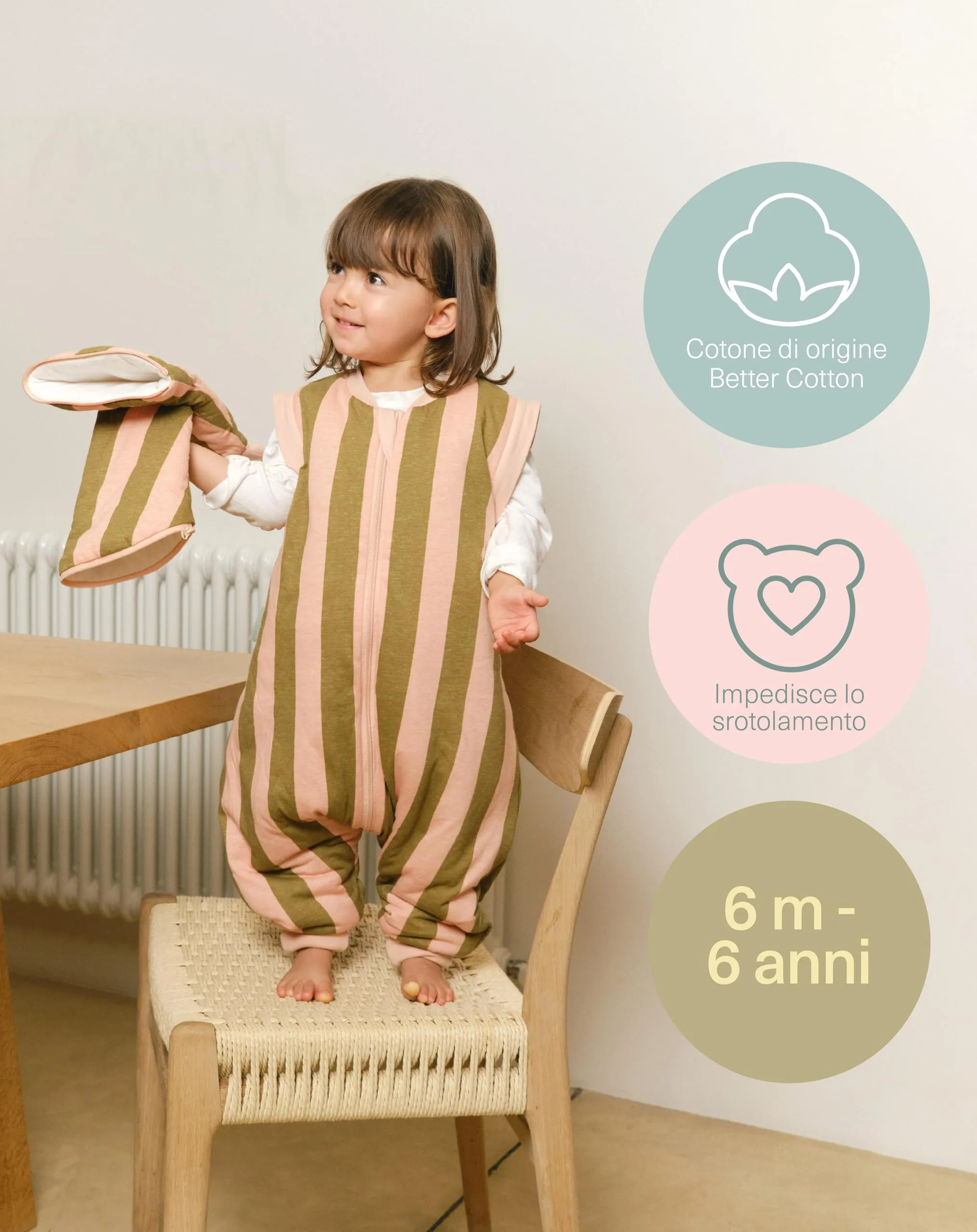 molis & co Sacco Nanna invernale 2.5 tog con piedini, maniche staccabili e calzini, 100% Cotone Oeko-TEX 100, Khaki & Rose Stripes, 6 anni - immagine 5