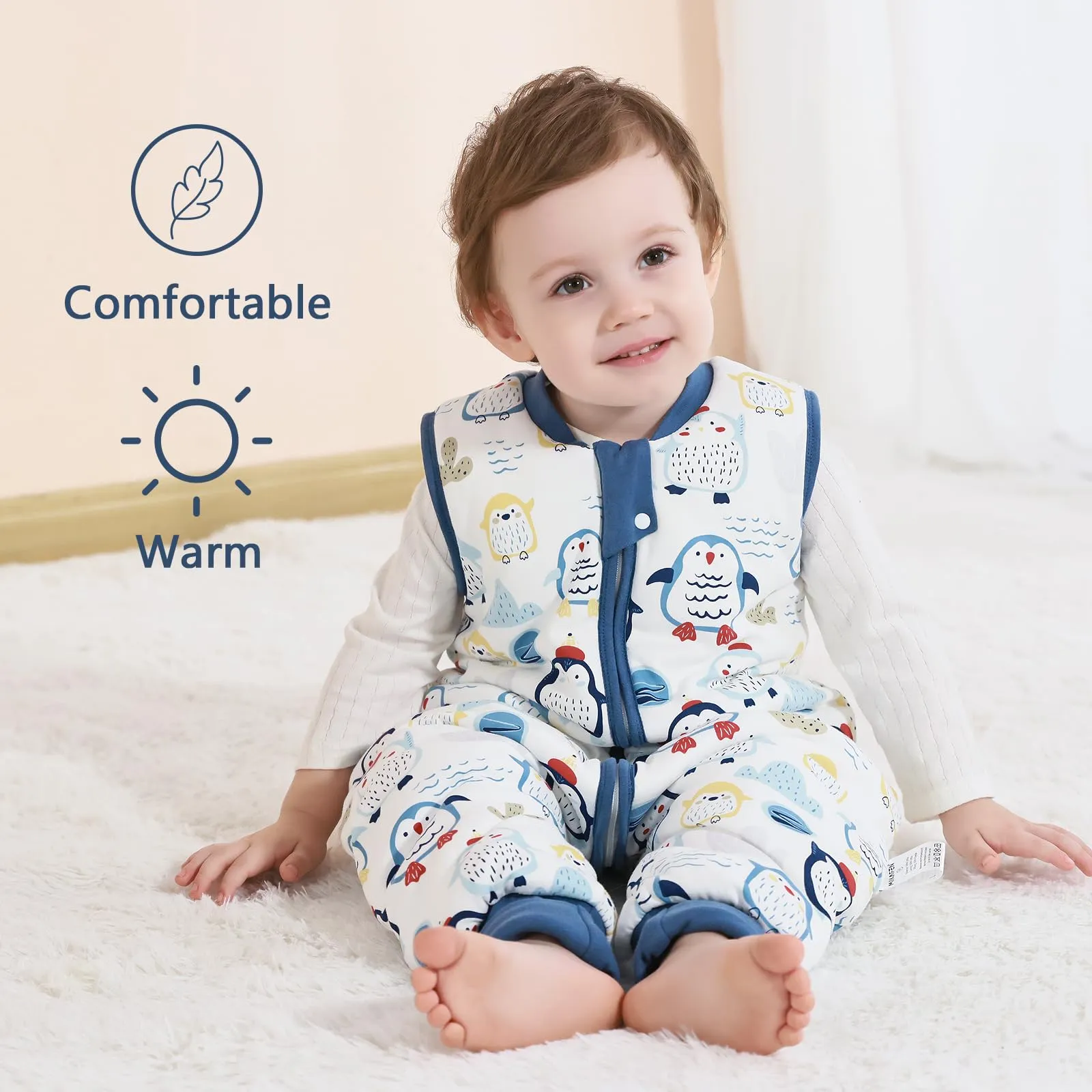 MIKAFEN Sacco Nanna con Gambe per Bambini, 2.5 Tog, Pinguino Blu, 18-36 Mesi - immagine 2
