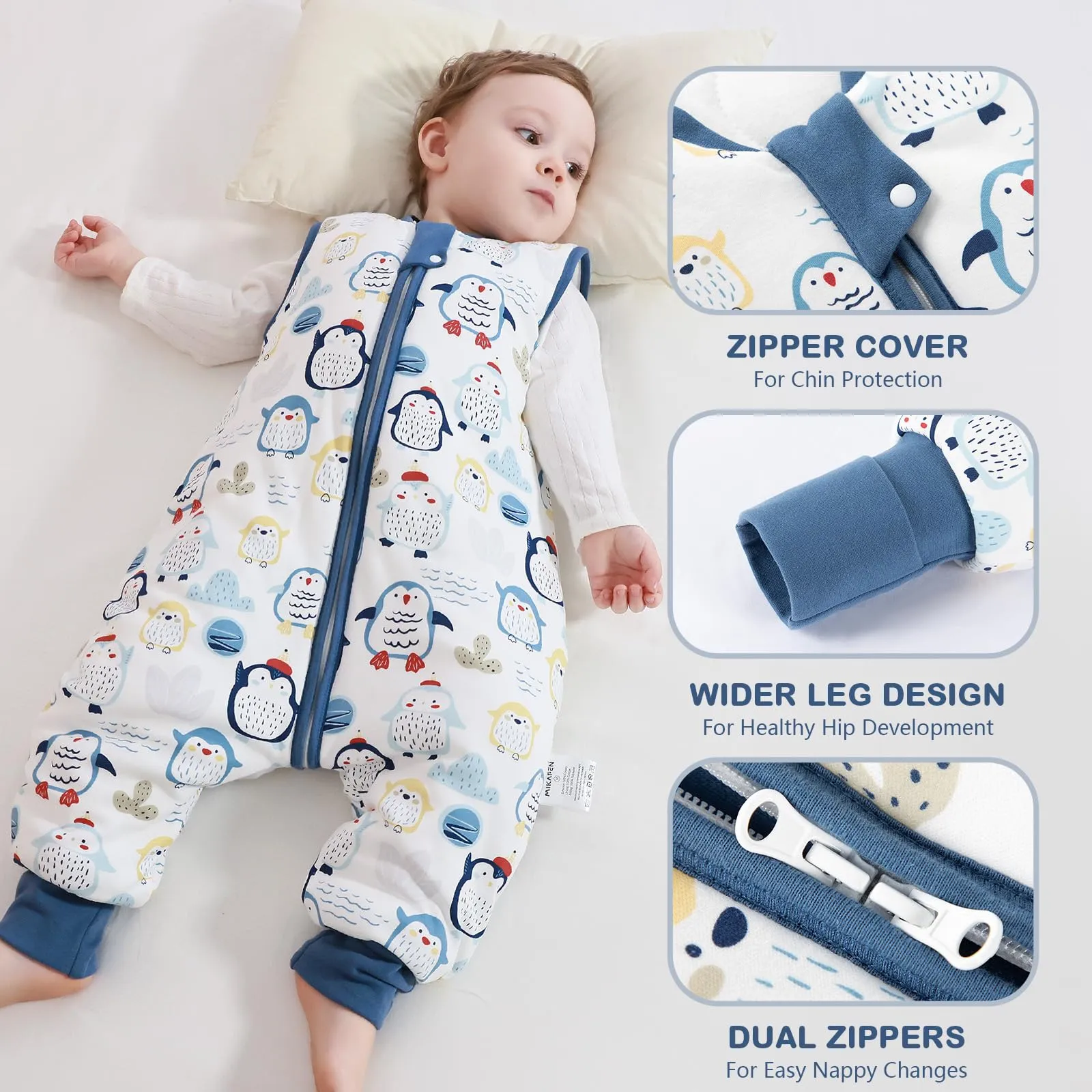 MIKAFEN Sacco Nanna con Gambe per Bambini, 2.5 Tog, Pinguino Blu, 18-36 Mesi - immagine 4