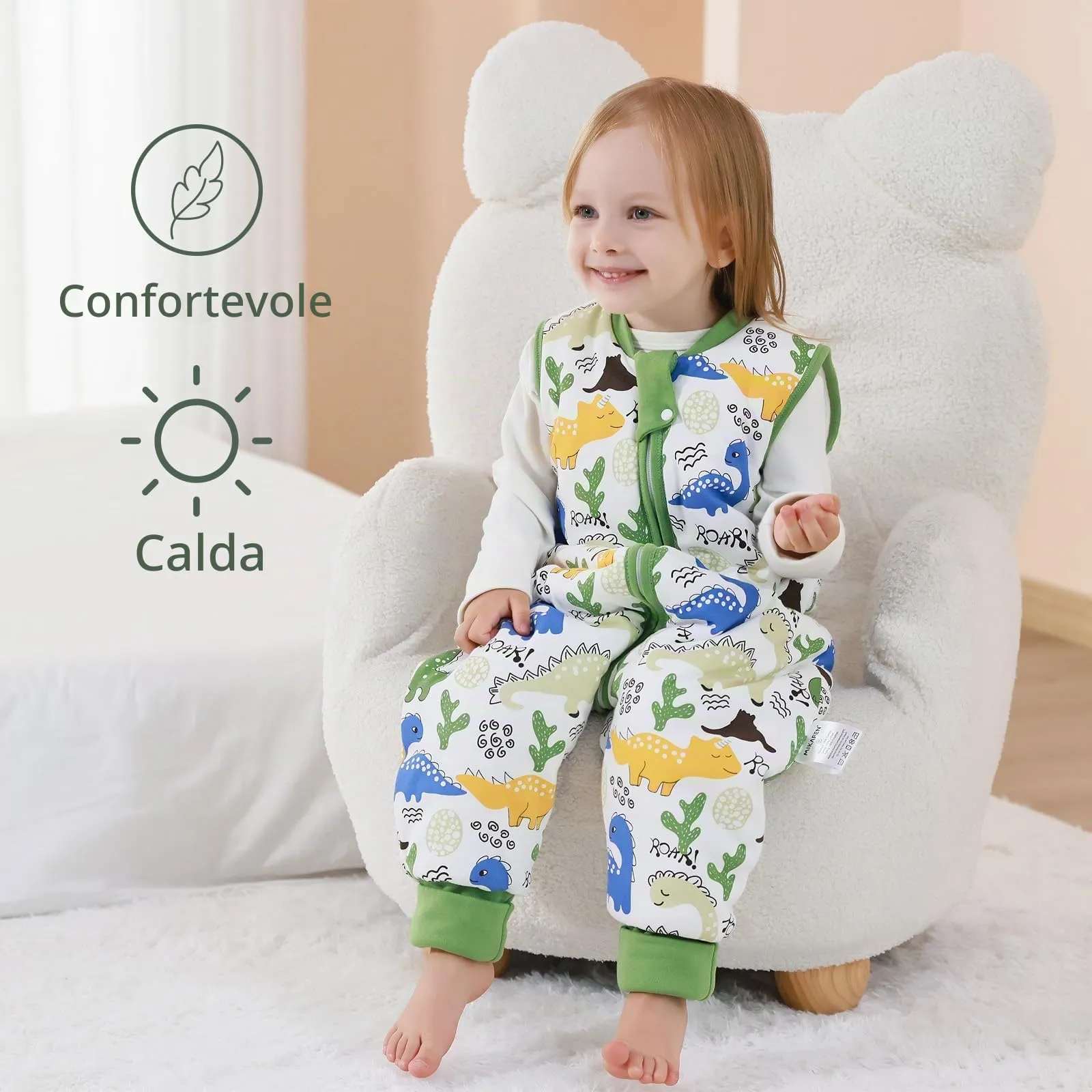 MIKAFEN Sacco Nanna con Gambe per Bambini, 2.5 Tog, Dinosauro Verde, 3-4 anni - immagine 2