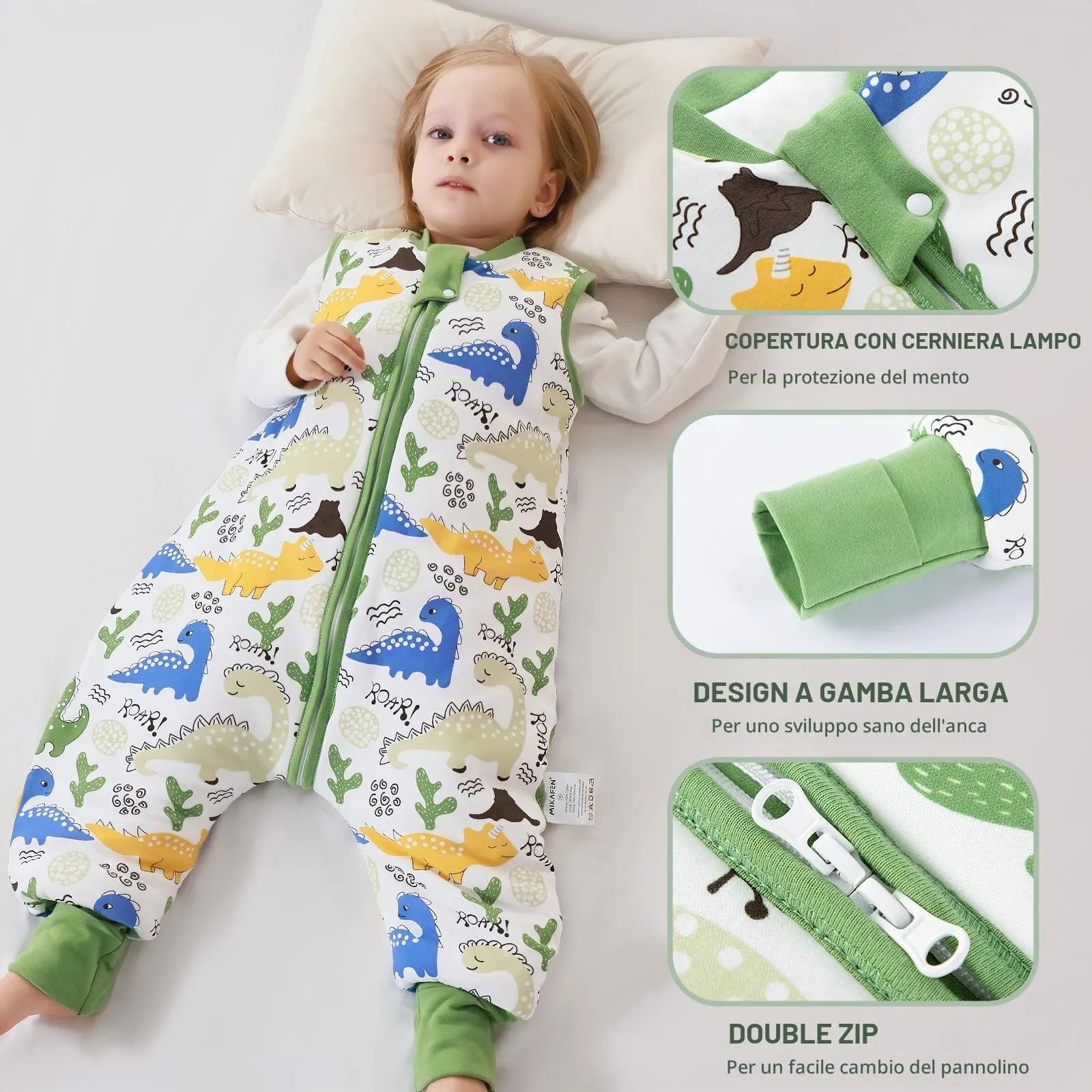 MIKAFEN Sacco Nanna con Gambe per Bambini, 2.5 Tog, Dinosauro Verde, 3-4 anni - immagine 4