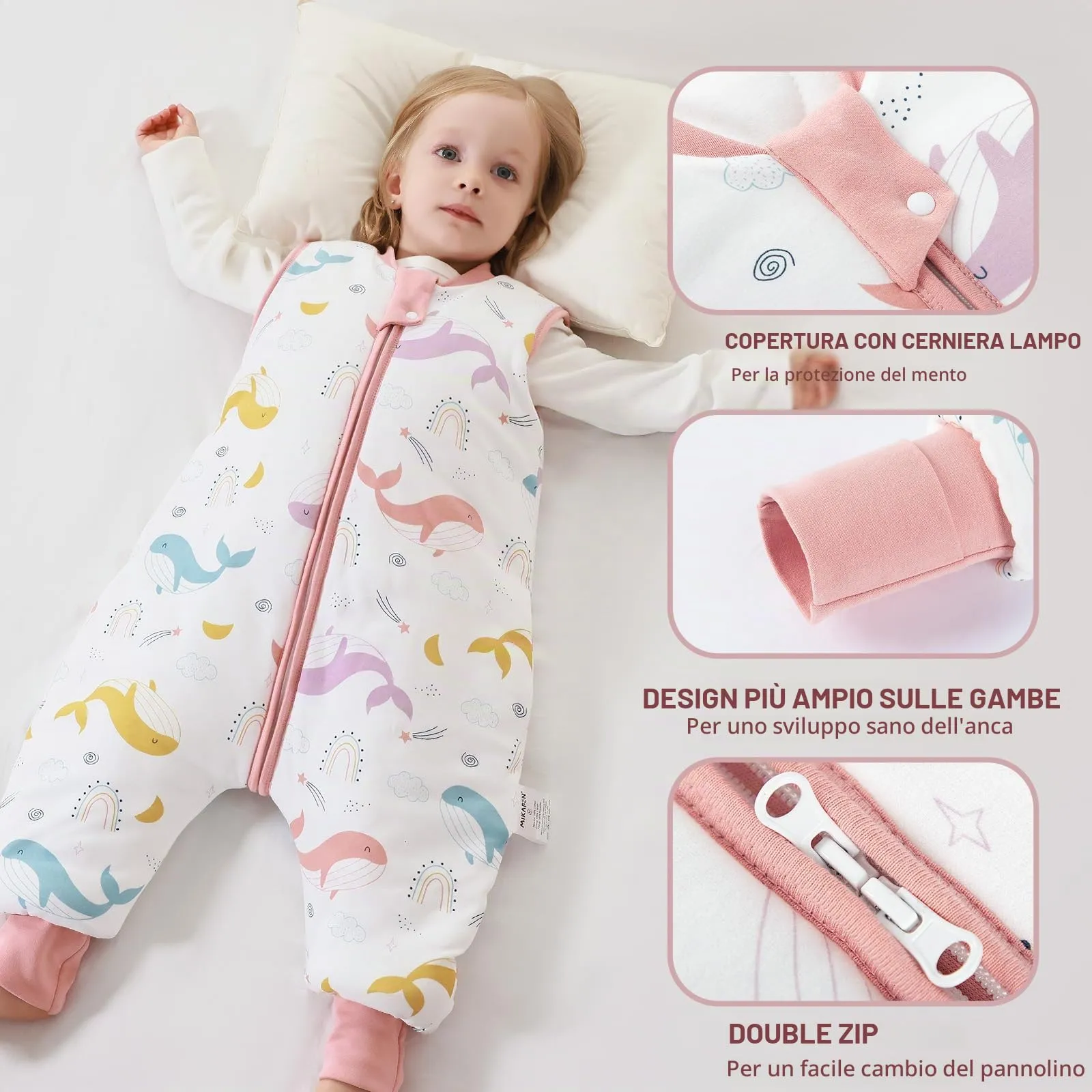 MIKAFEN Sacco Nanna con Gambe per Bambini 2,5 Tog, Balena Arcobaleno, 4-5 anni - immagine 4