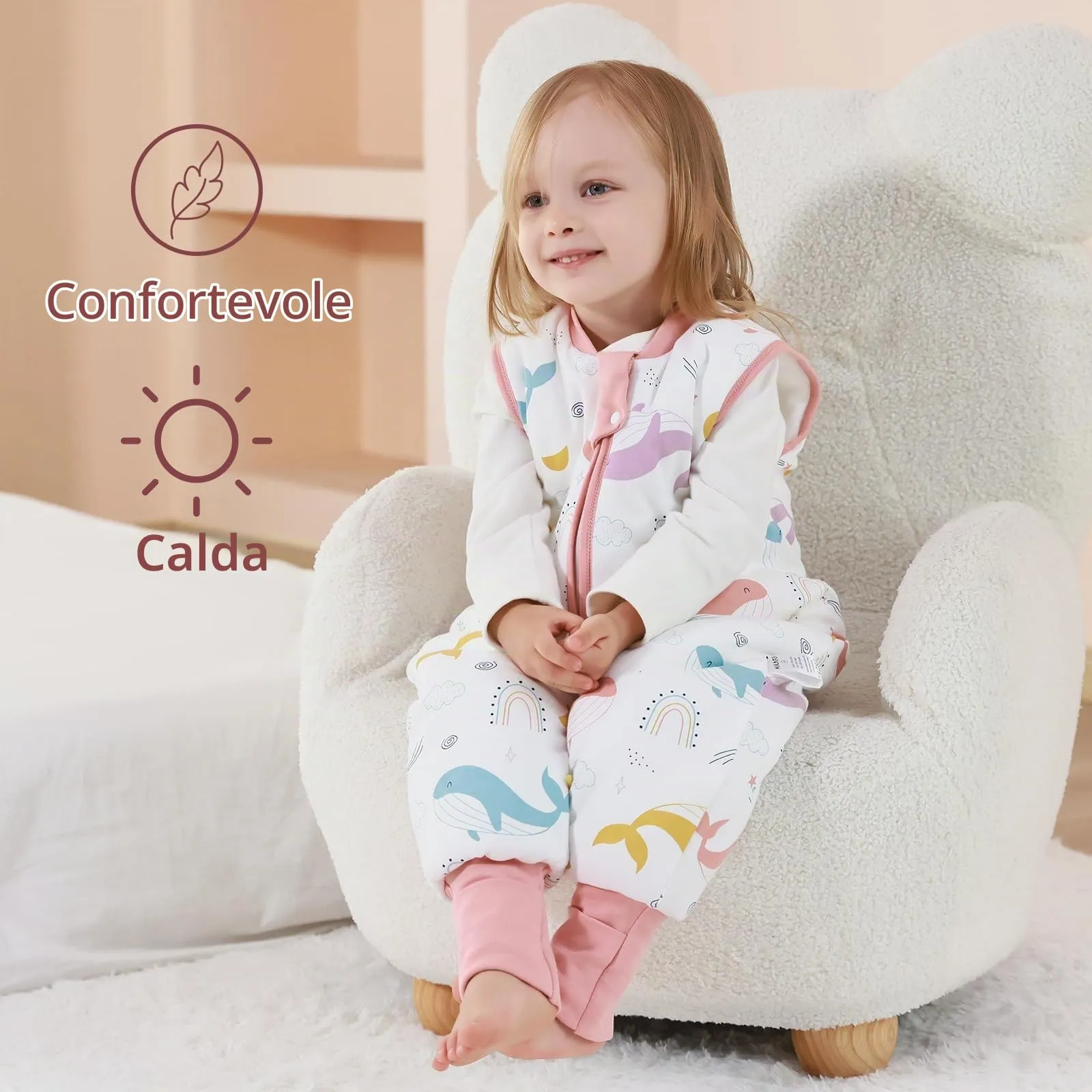 MIKAFEN Sacco Nanna con Gambe per Bambini, 2.5 Tog, Balena Arcobaleno, 3-4 anni - immagine 2