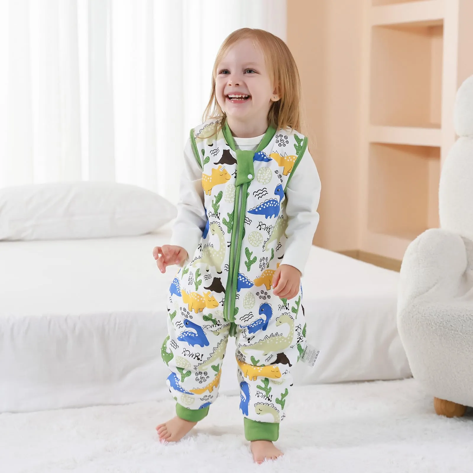 MIKAFEN Sacco Nanna con Gambe per Bambini, 2,5 Tog, Dinosauro Verde, 6-18 Mesi - immagine 3