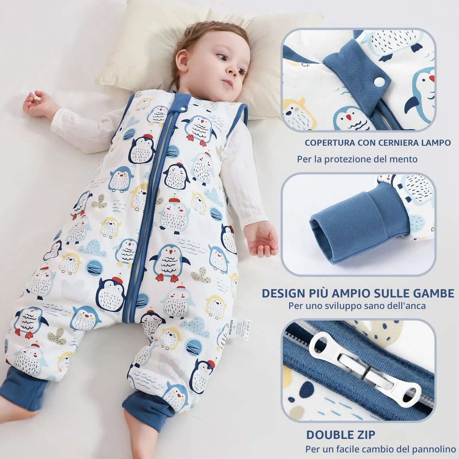 MIKAFEN Sacco Nanna con Gambe per Bambini, 2,5 Tog, Pinguino Blu, 6-18 Mesi - immagine 4