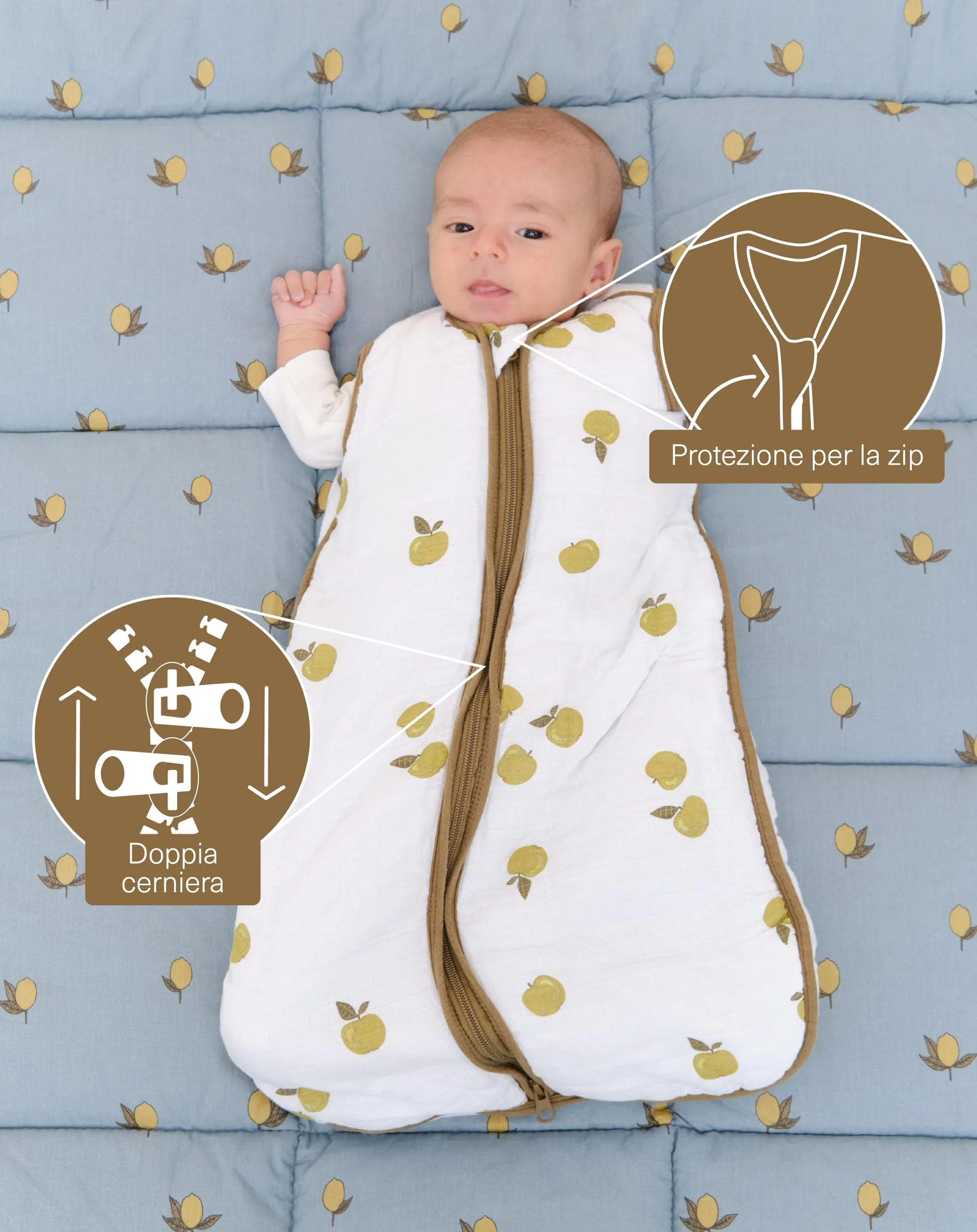 molis & co Sacco Nanna 2.5 TOG per Neonati 0 mesi (60 cm) in Mussola di Bambù - Apples - immagine 3