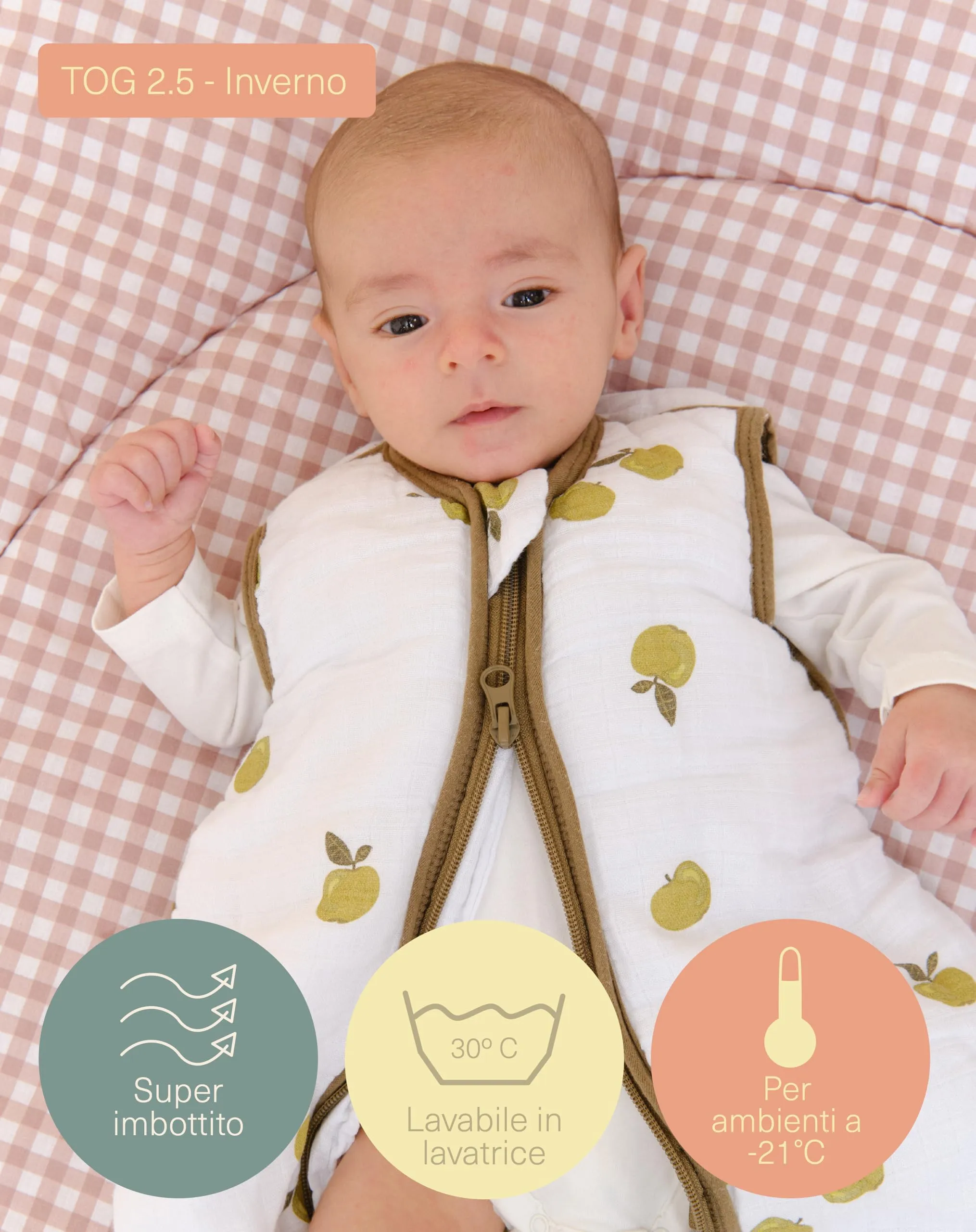molis & co Sacco Nanna 2.5 TOG per Neonati 0 mesi (60 cm) in Mussola di Bambù - Apples - immagine 4