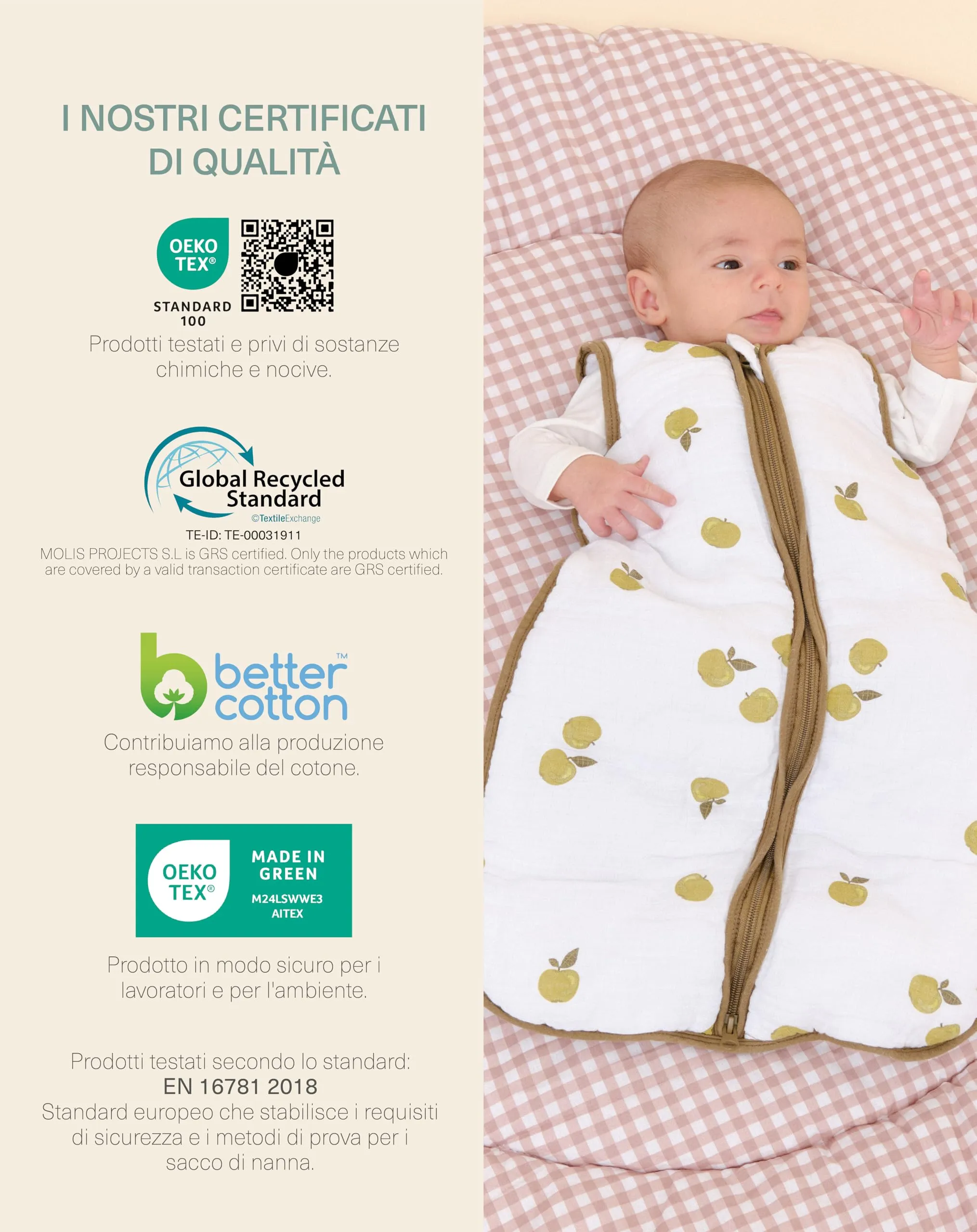 molis & co Sacco Nanna 2.5 TOG per Neonati 0 mesi (60 cm) in Mussola di Bambù - Apples - immagine 6