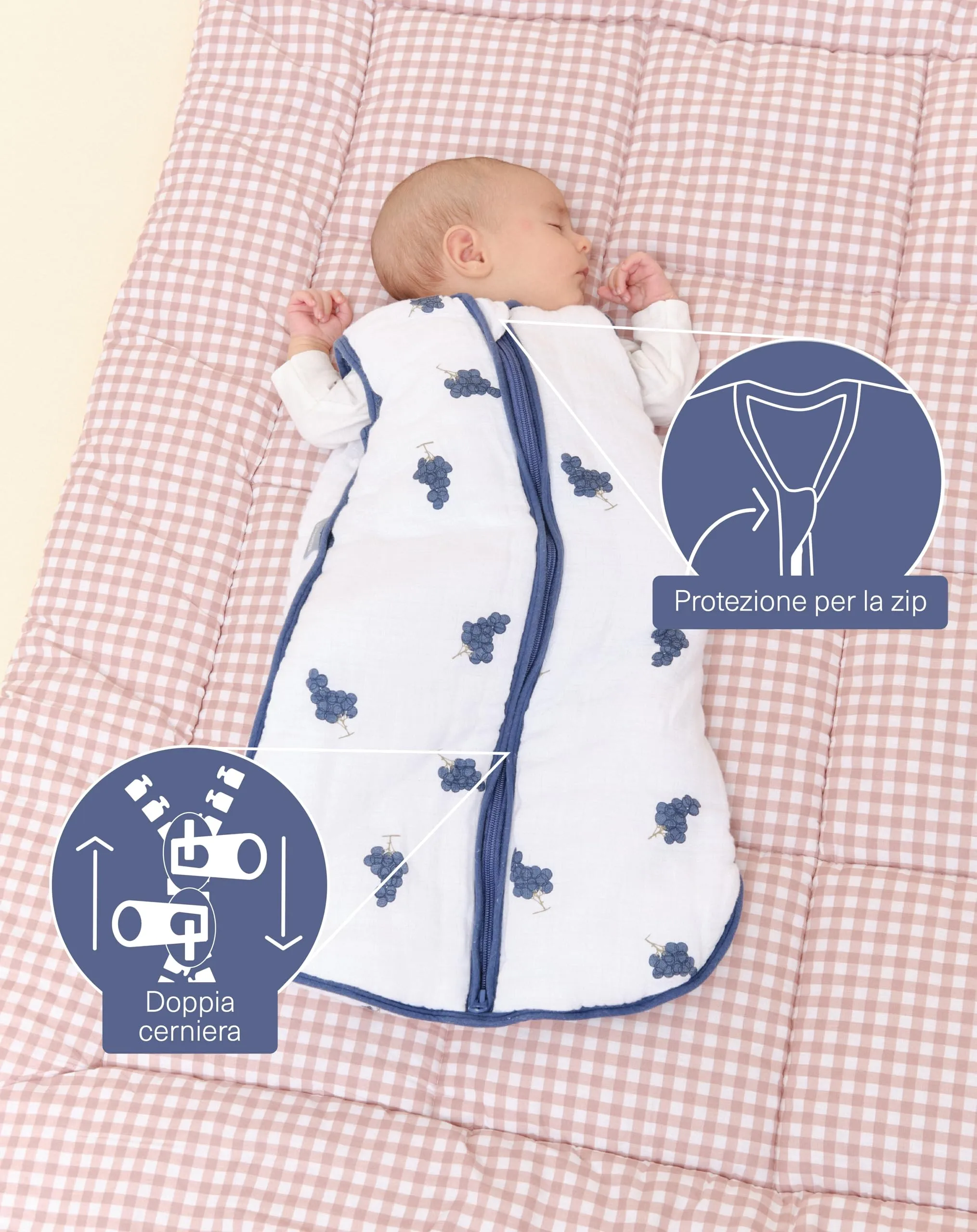 molis & co Sacco Nanna 2.5 TOG imbottito invernale per Neonati 6-18 mesi (85 cm) in Mussola di Bambu Premium - Senza Maniche - Grapes - immagine 3