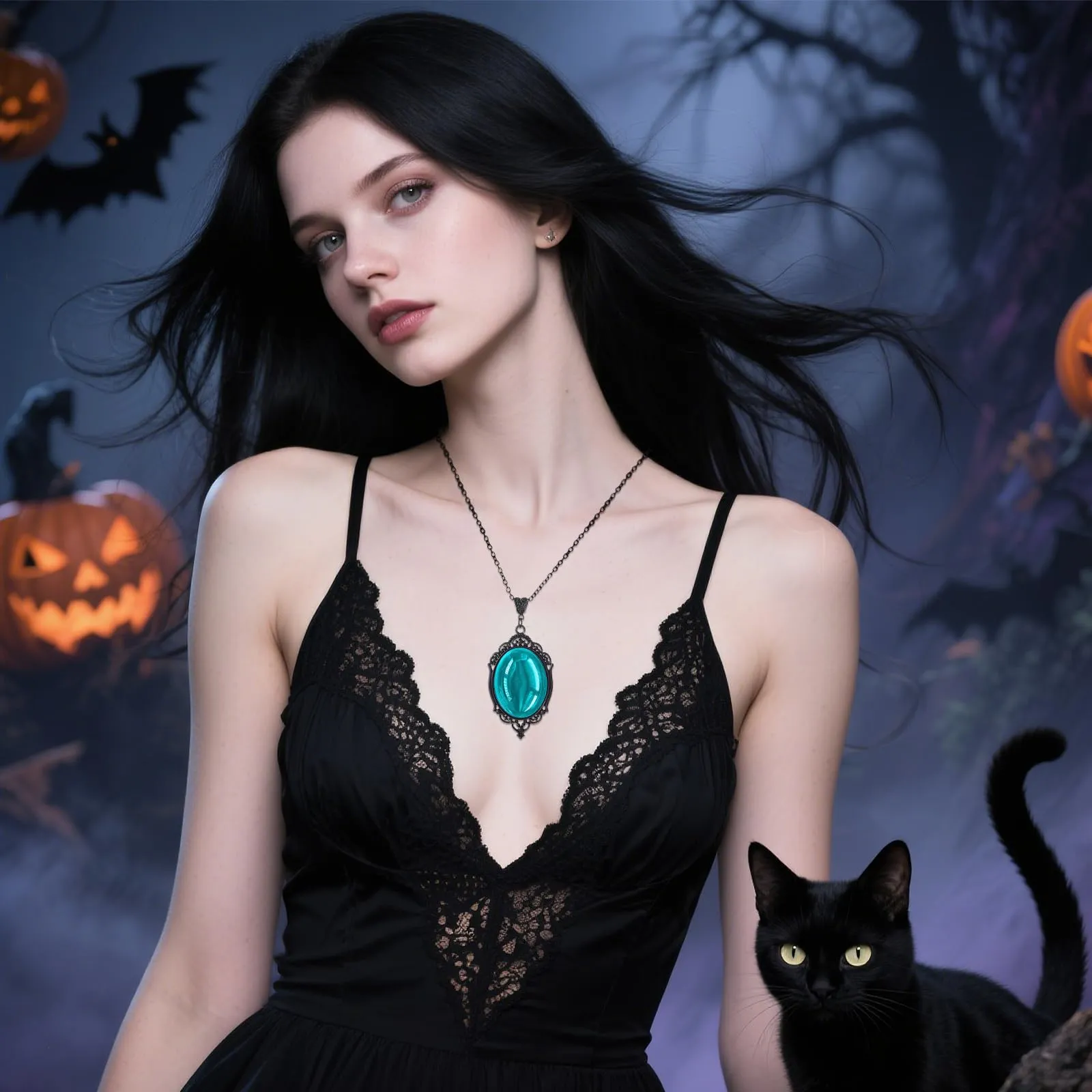 GTYARYUA Collana con Ciondolo Gotico in Cristallo, Stile Strega e Vampiro, Blu lago - immagine 3