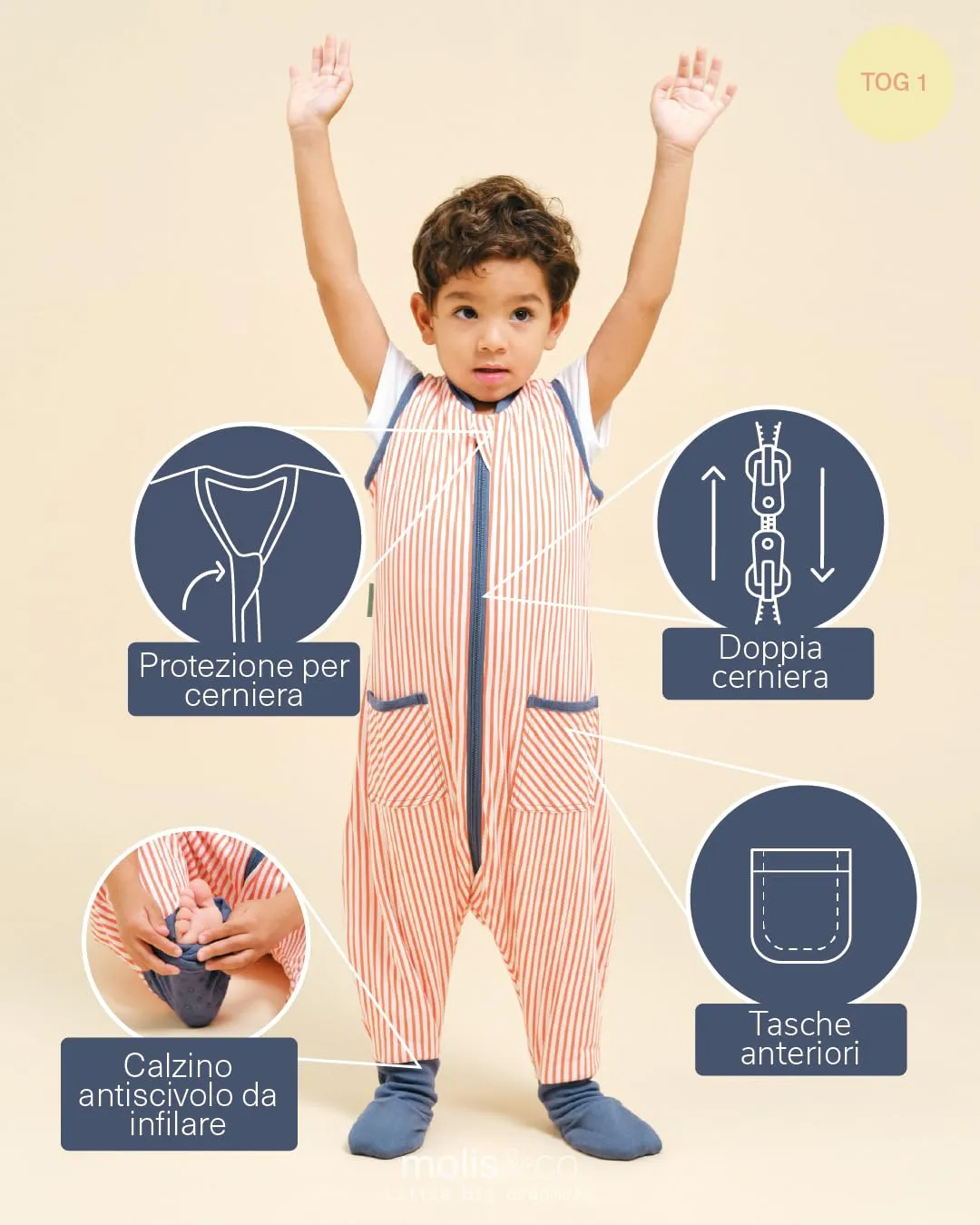 molis&co Sacco Nanna con piedini e calze 1 TOG, 100% Cotone, Sailor Orange, 2 anni - immagine 3