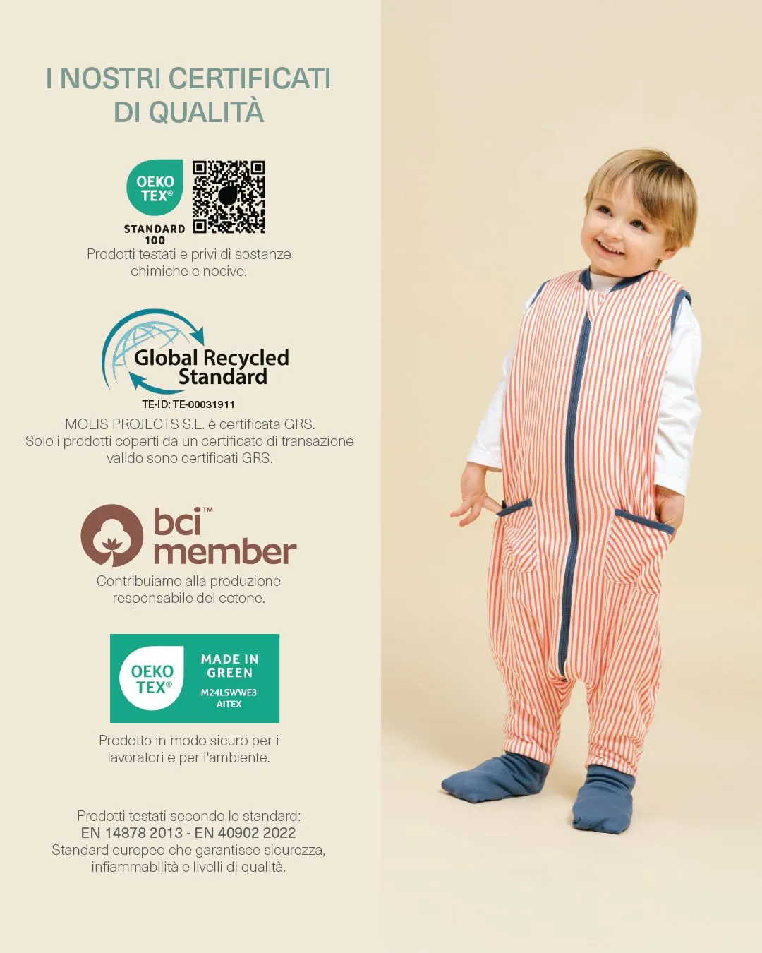 molis & co Sacco Nanna con piedini e calze, 1 tog, 100% Cotone Oeko-TEX 100, Sailor Orange, 4 anni - immagine 7