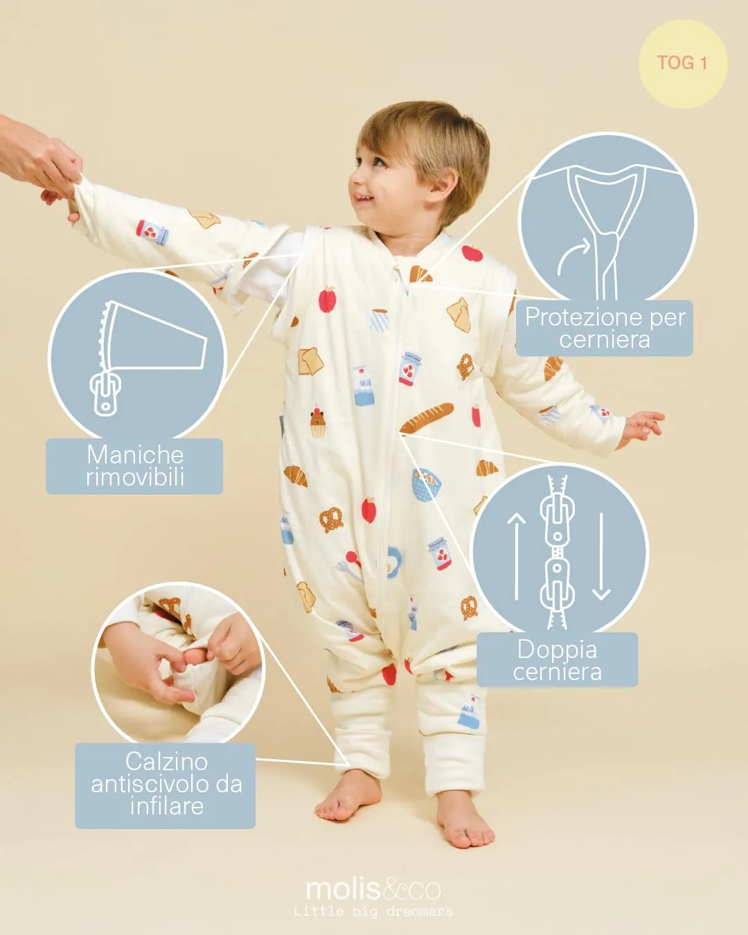 Molis & Co Sacco Nanna con Piedini, Maniche Staccabili e Calzini, 100% Cotone Oeko-Tex, Leggermente Imbottito - Good Morning (3-6 mesi) - immagine 3
