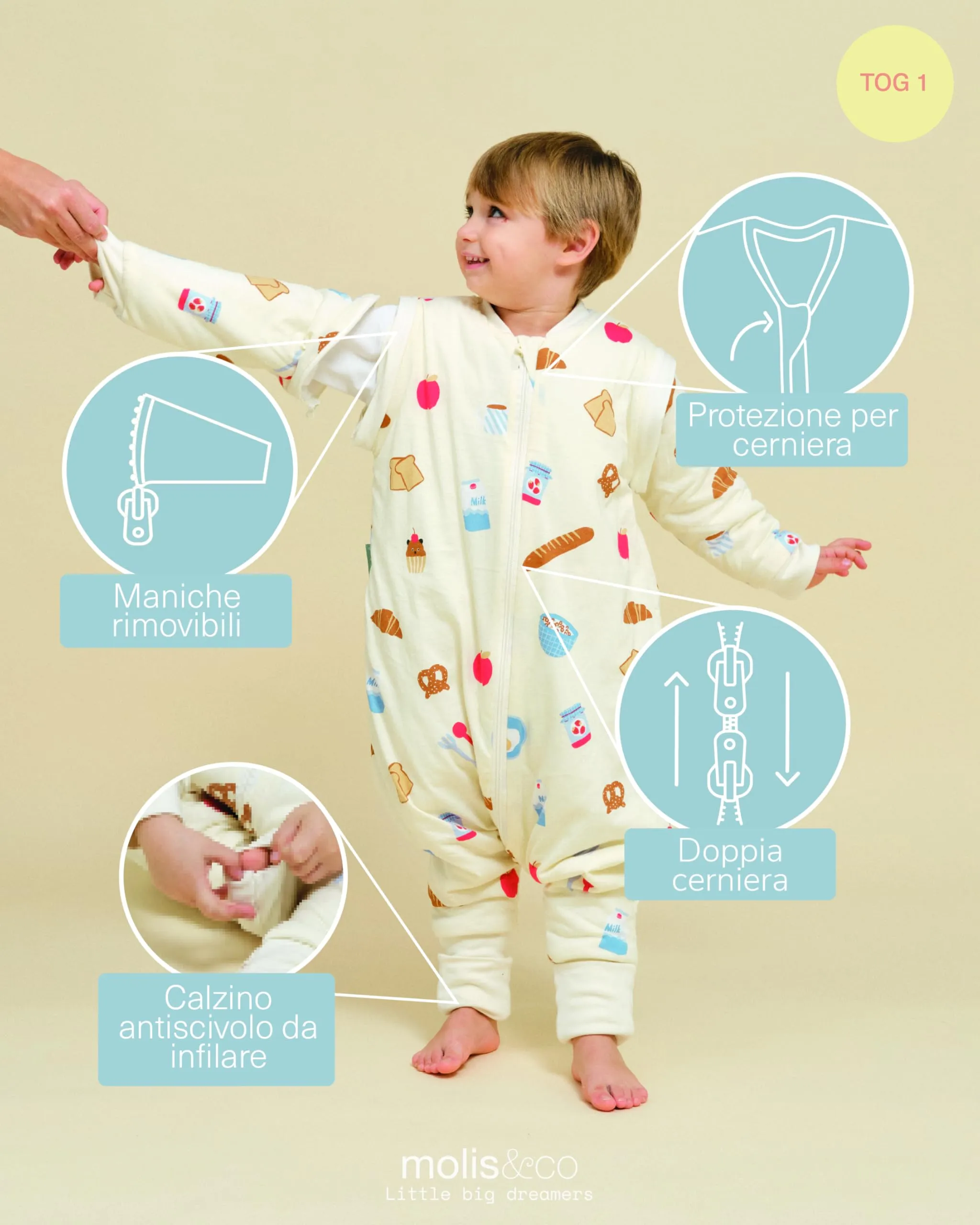 molis & co Sacco Nanna con piedini, maniche staccabili e calzini, 100% Cotone Oeko-Tex, Leggermente Imbotito, Good Morning (4 anni) - immagine 3