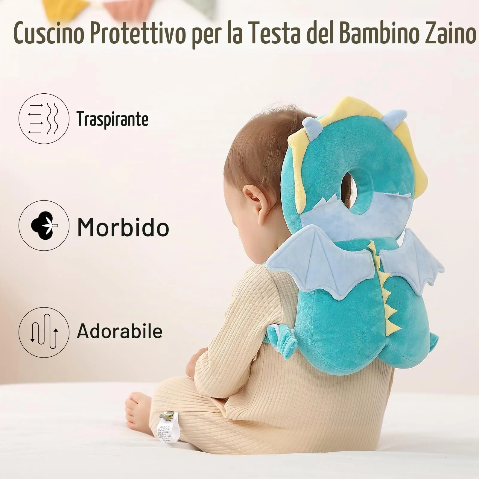 Bambebe Cuscino Anticaduta Protezione Testa per Neonato e Bambini, Zainetto Regolabile Primi Passi (Drago Verde) - immagine 2