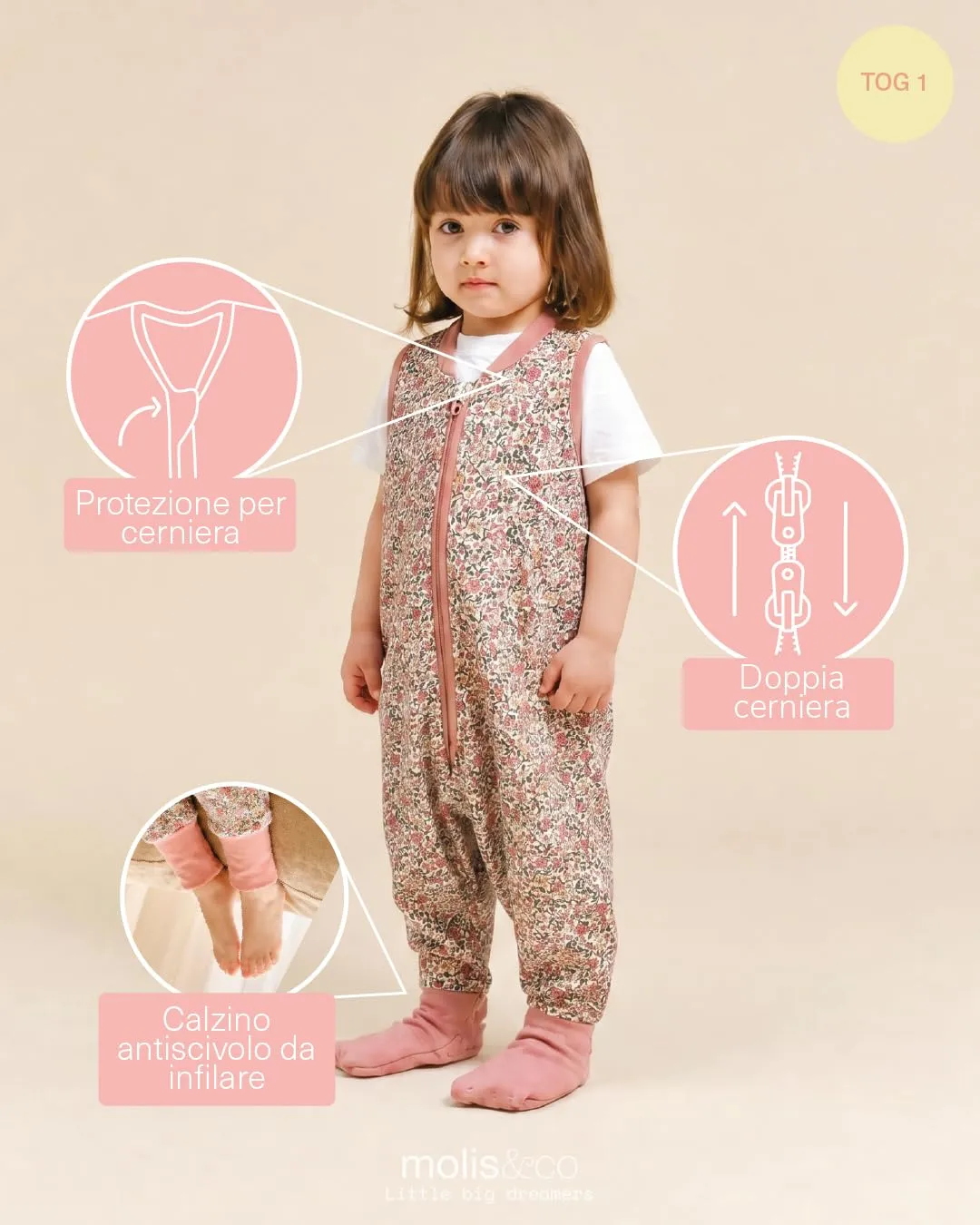 Molis & Co Sacco Nanna con piedini 1 TOG, 100% Cotone Oeko-TEX 100, Peony (3-6 mesi) - immagine 3
