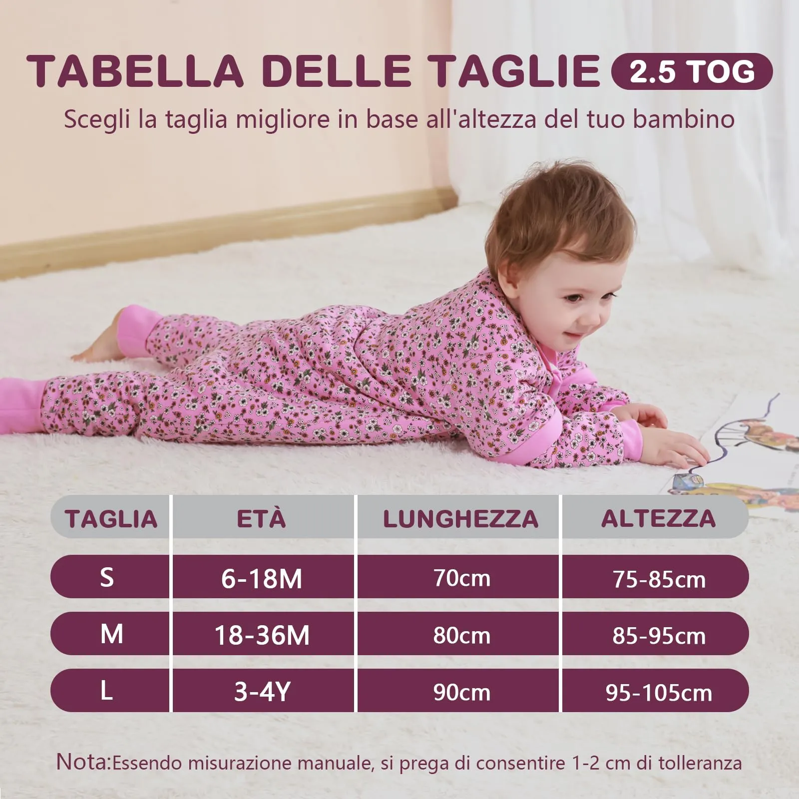 Mosebears Sacco Nanna con Gambe 2.5 Tog per Bambini, Cotone, Maniche Staccabili, Rose - immagine 6