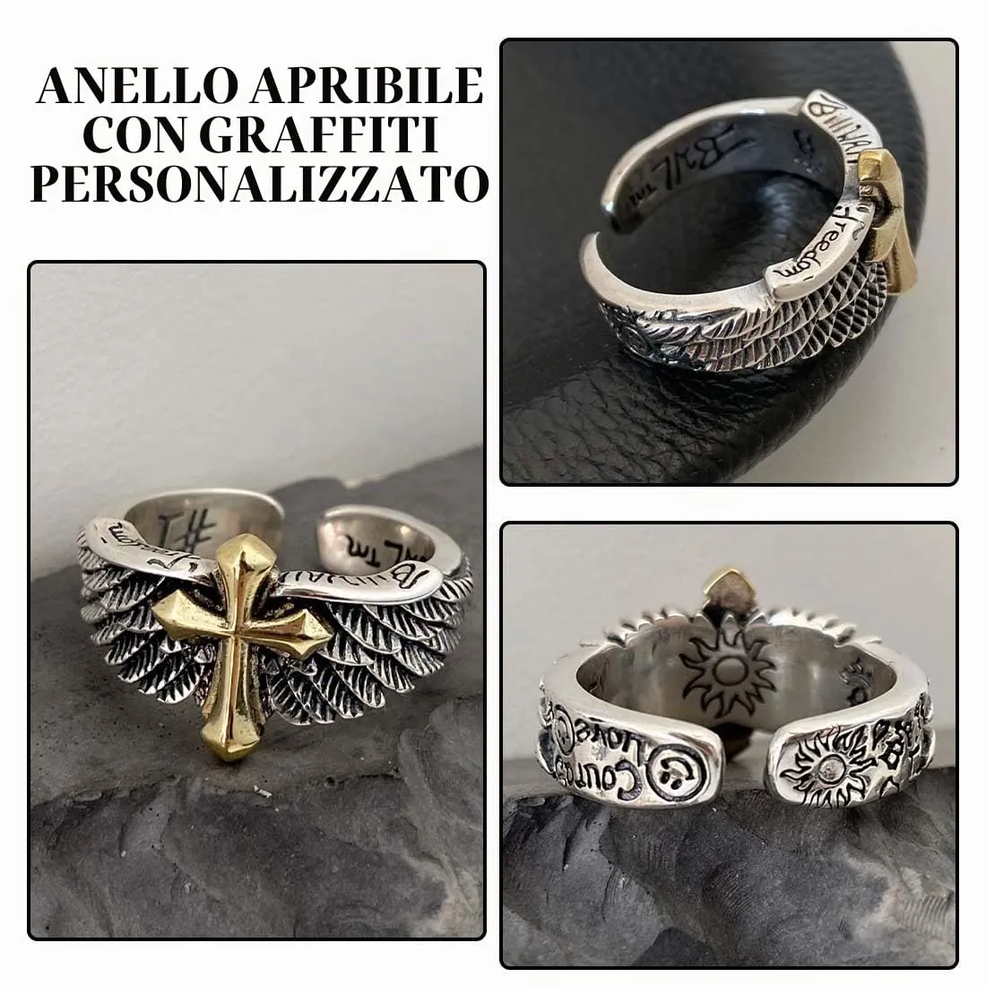 VJUYSW Anello Vintage a Croce con Ali Regolabile in Metallo - immagine 3