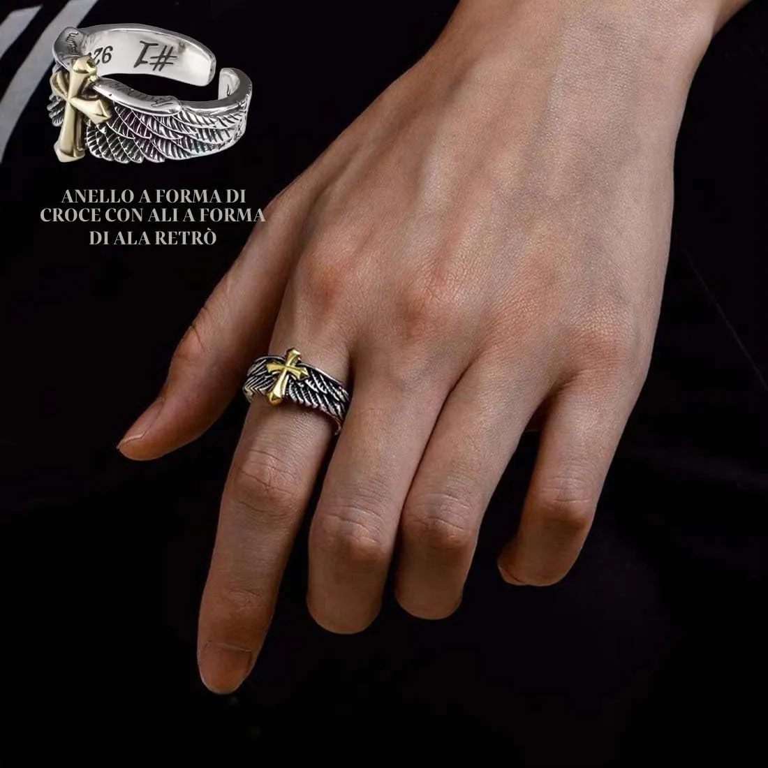 VJUYSW Anello Vintage a Croce con Ali Regolabile in Metallo - immagine 4