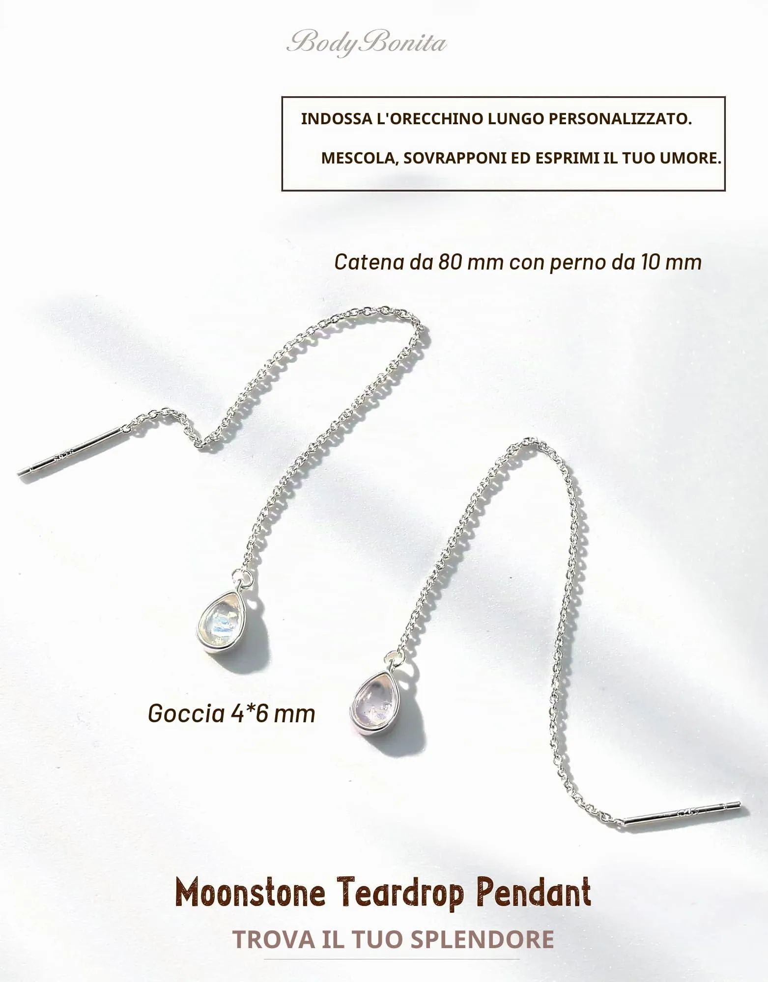 BodyBonita Orecchini Pendenti in Argento Sterling 925 con Pietra di Luna e Catena, Color Argento - immagine 2