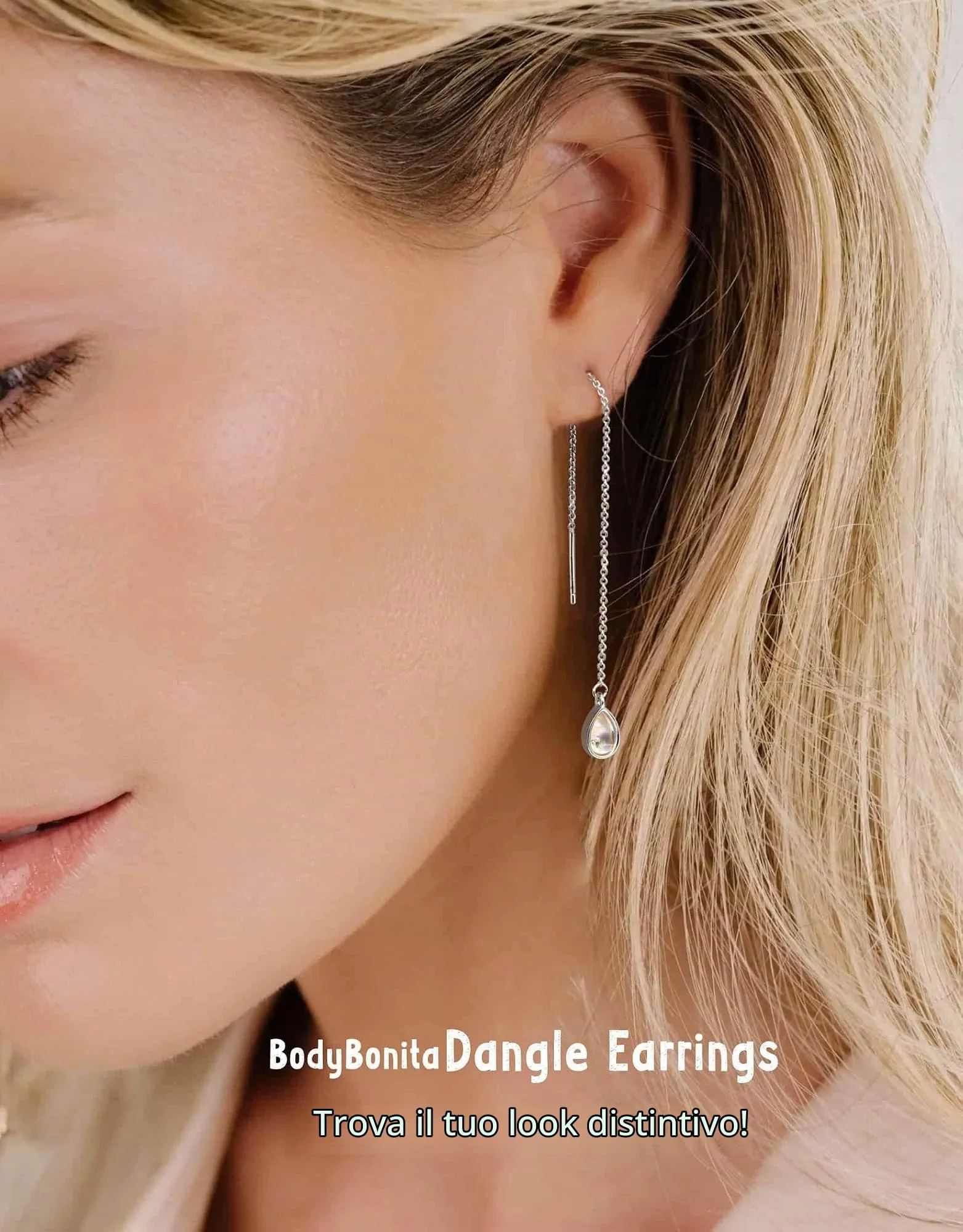 BodyBonita Orecchini Pendenti in Argento Sterling 925 con Pietra di Luna e Catena, Color Argento - immagine 3