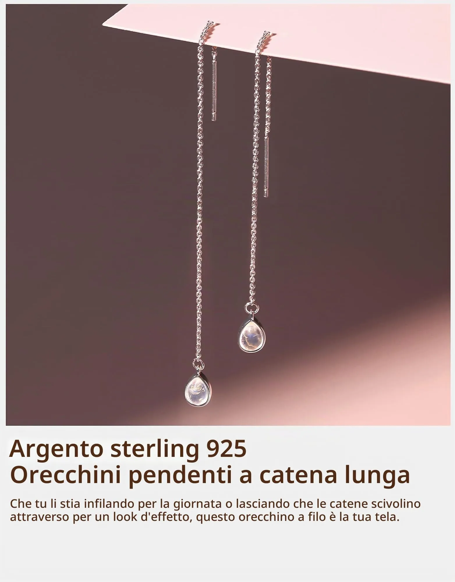 BodyBonita Orecchini Pendenti in Argento Sterling 925 con Pietra di Luna e Catena, Color Argento - immagine 4