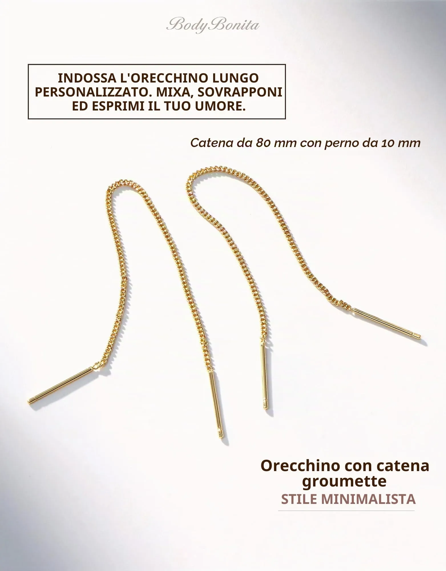 BodyBonita Orecchini Pendenti Donna in Argento Sterling S925 Placcati in Oro 16K con Catena Lucidata - immagine 2