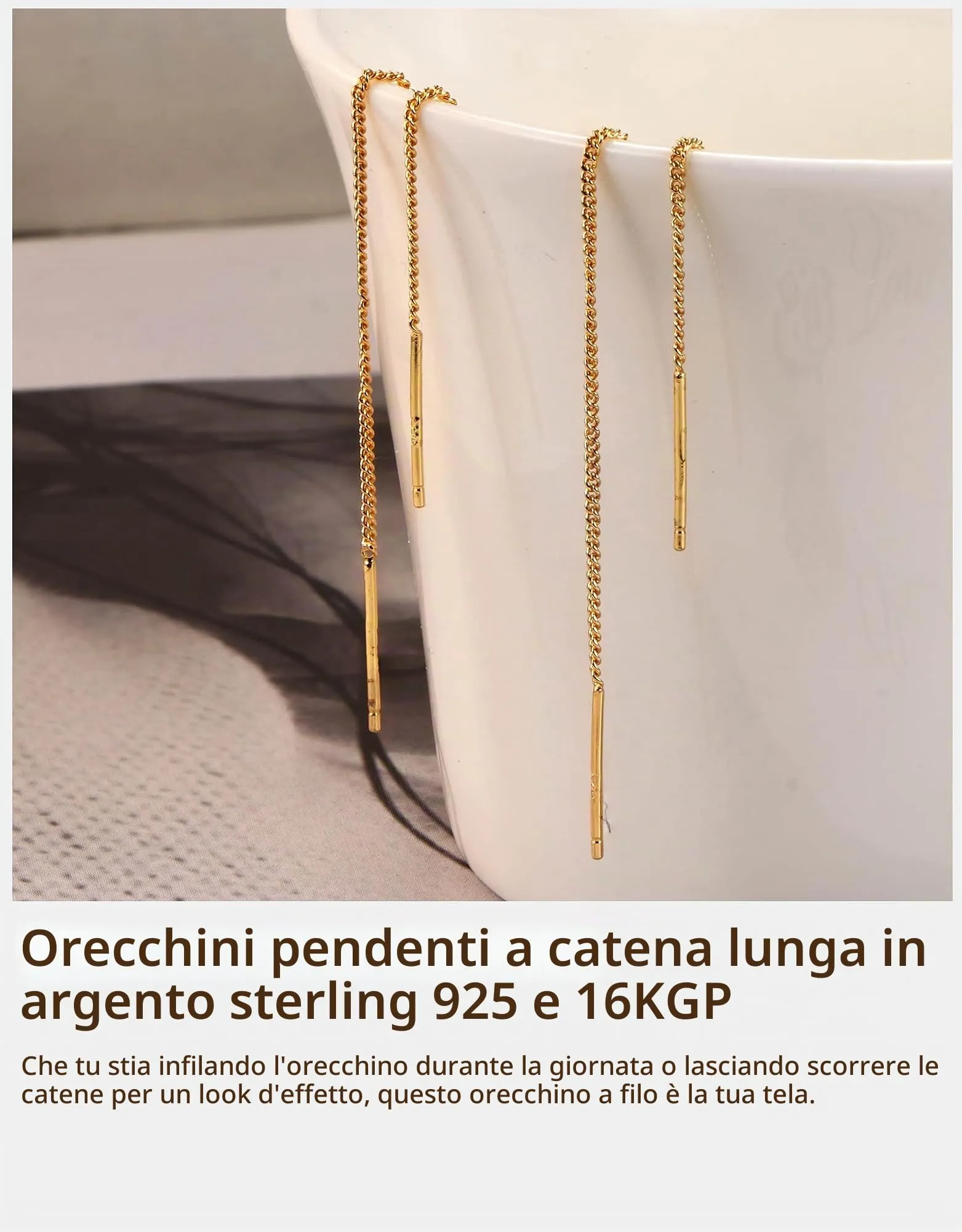 BodyBonita Orecchini Pendenti Donna in Argento Sterling S925 Placcati in Oro 16K con Catena Lucidata - immagine 4