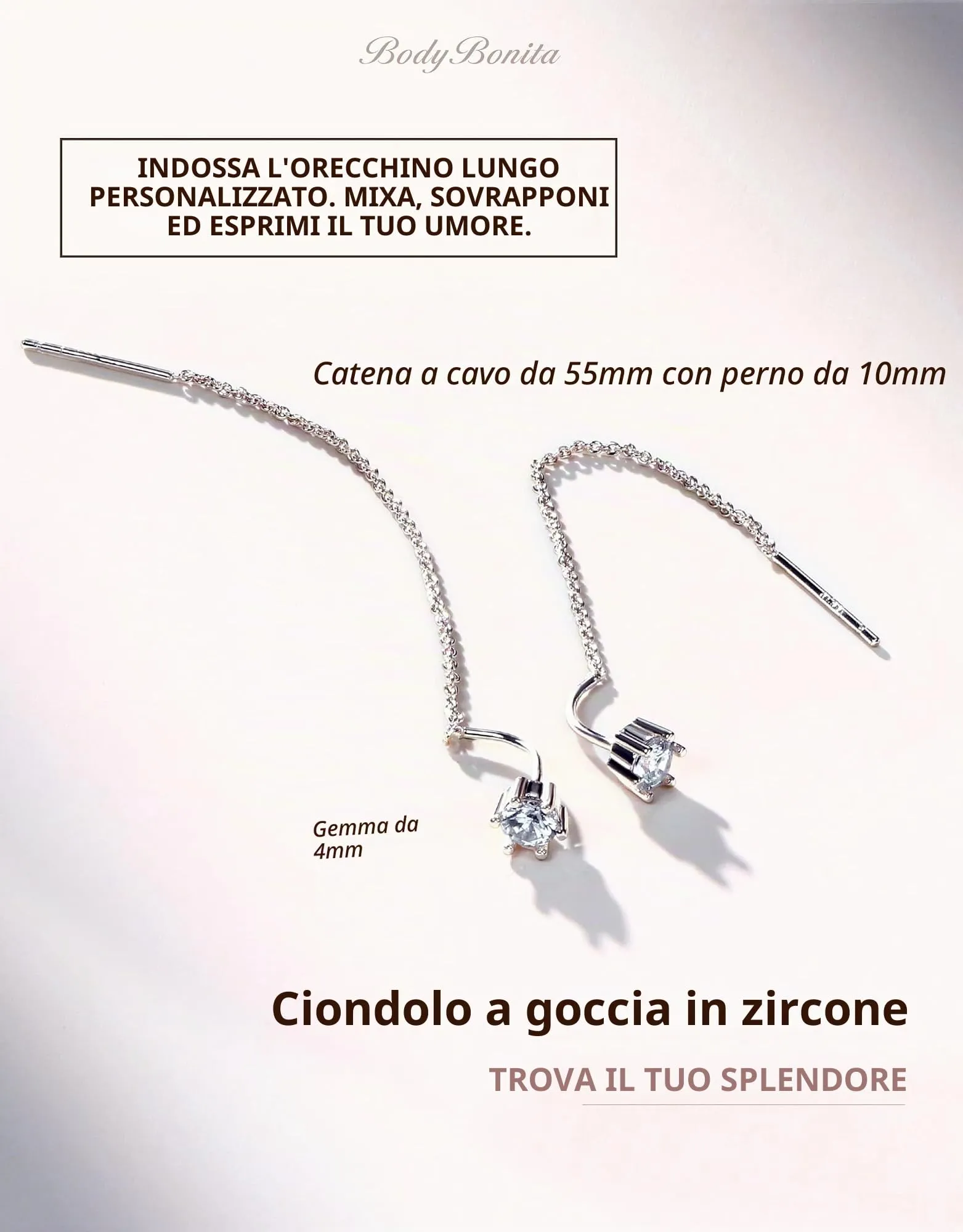 BodyBonita Orecchini Pendenti in Argento Sterling 925 con Catena e Zirconia CZ-S - immagine 2