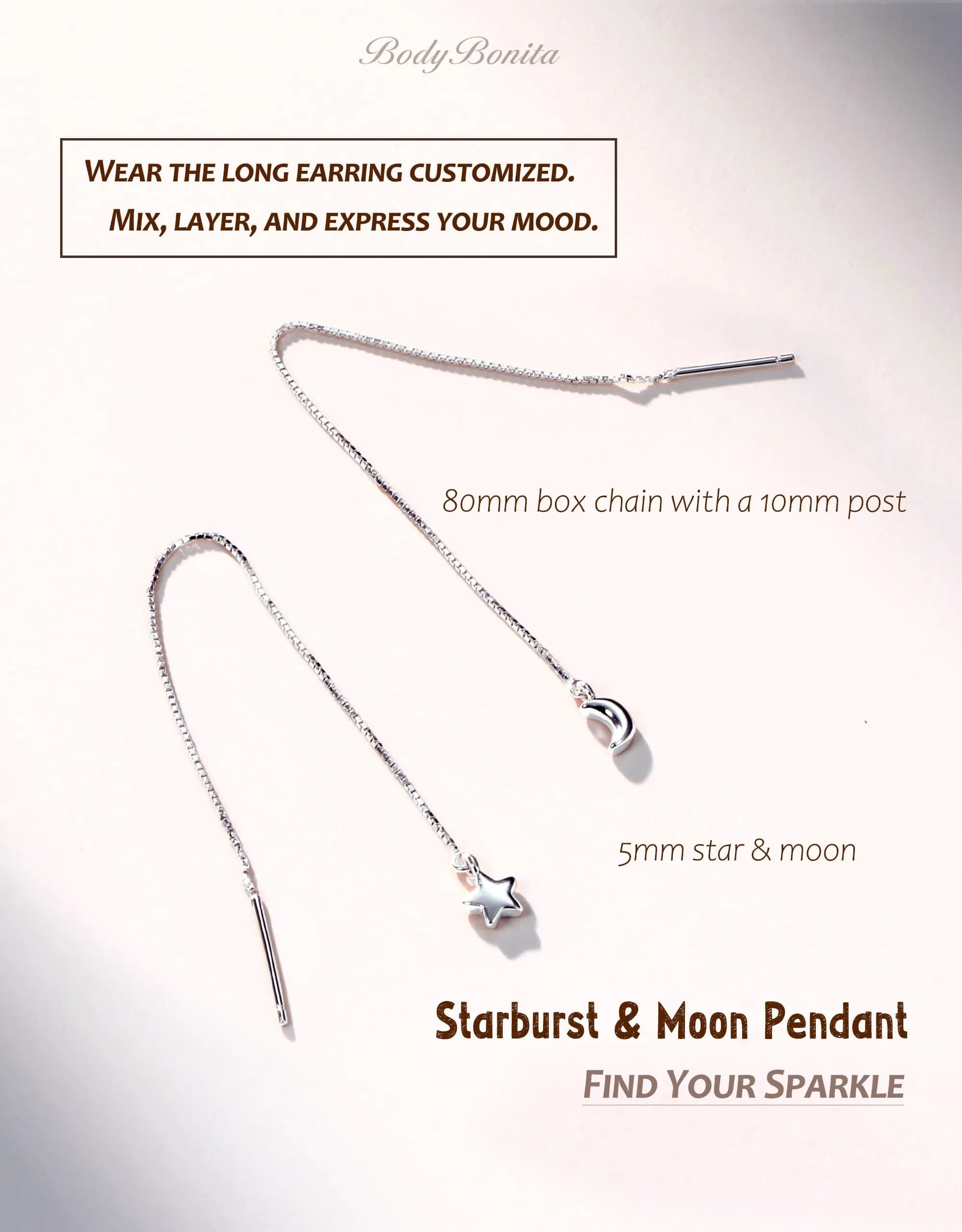 BodyBonita Orecchini Pendenti Moonstar in Argento Sterling 925 con Catena, Color Argento - immagine 2