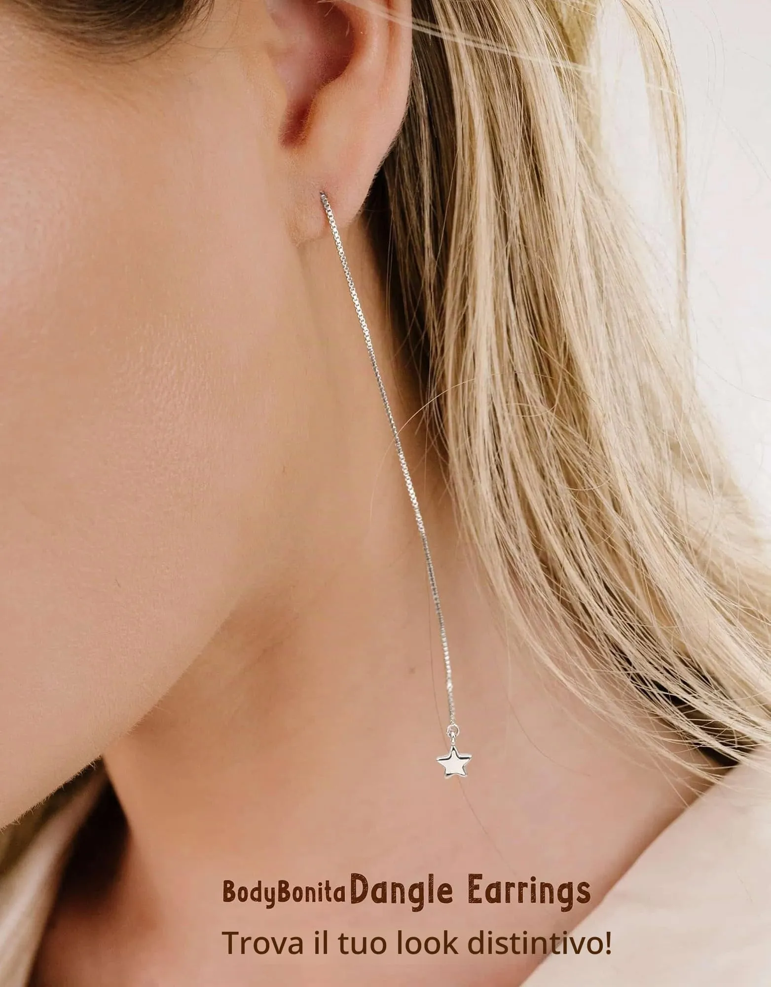 BodyBonita Orecchini Pendenti Moonstar in Argento Sterling 925 con Catena, Color Argento - immagine 3