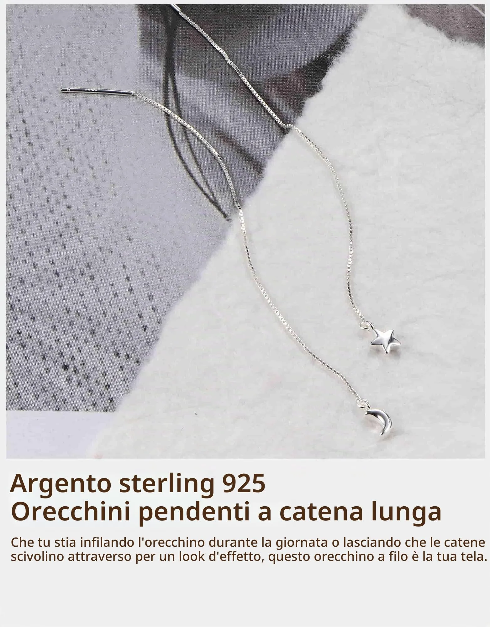 BodyBonita Orecchini Pendenti Moonstar in Argento Sterling 925 con Catena, Color Argento - immagine 4