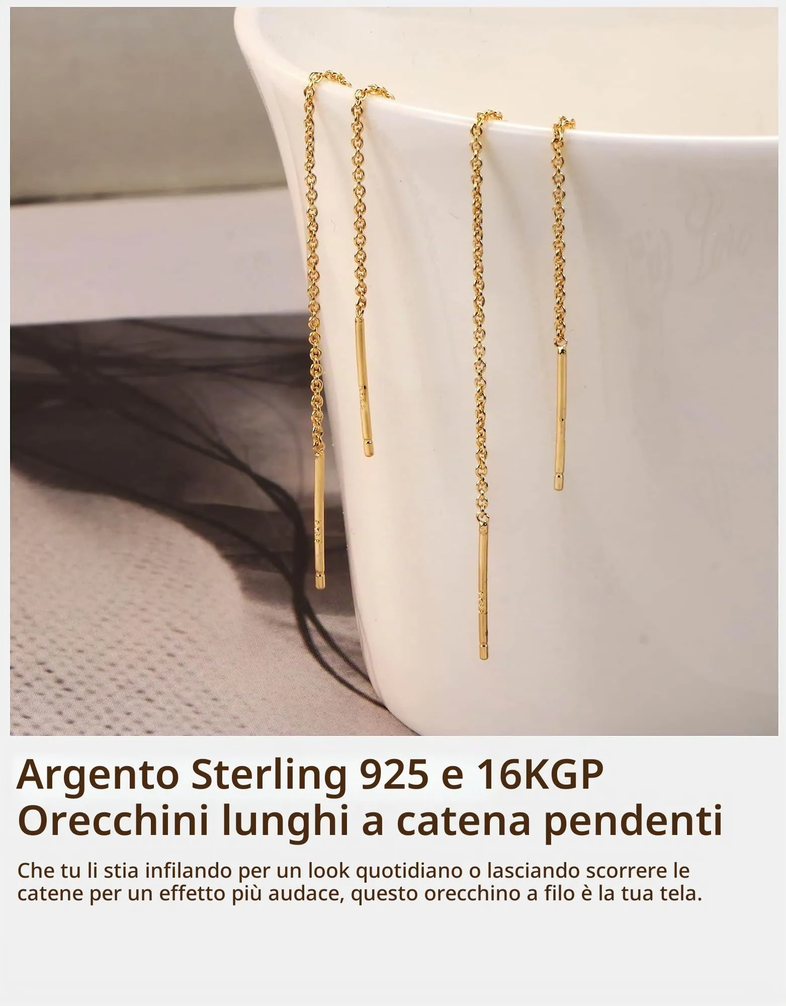 BodyBonita Orecchini Pendenti in Argento Sterling S925 Placcati in Oro 16K, Catena O Type-G - immagine 4