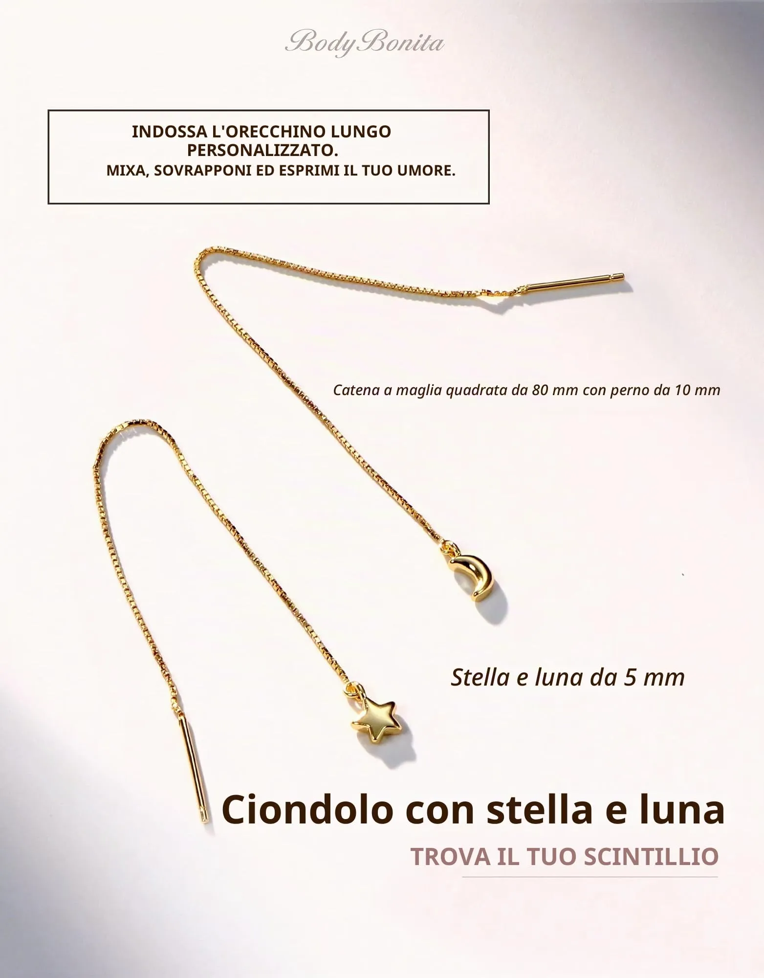 BodyBonita Orecchini Pendenti Moonstar-G in Argento Sterling 925 Placcati in Oro 16K - immagine 2