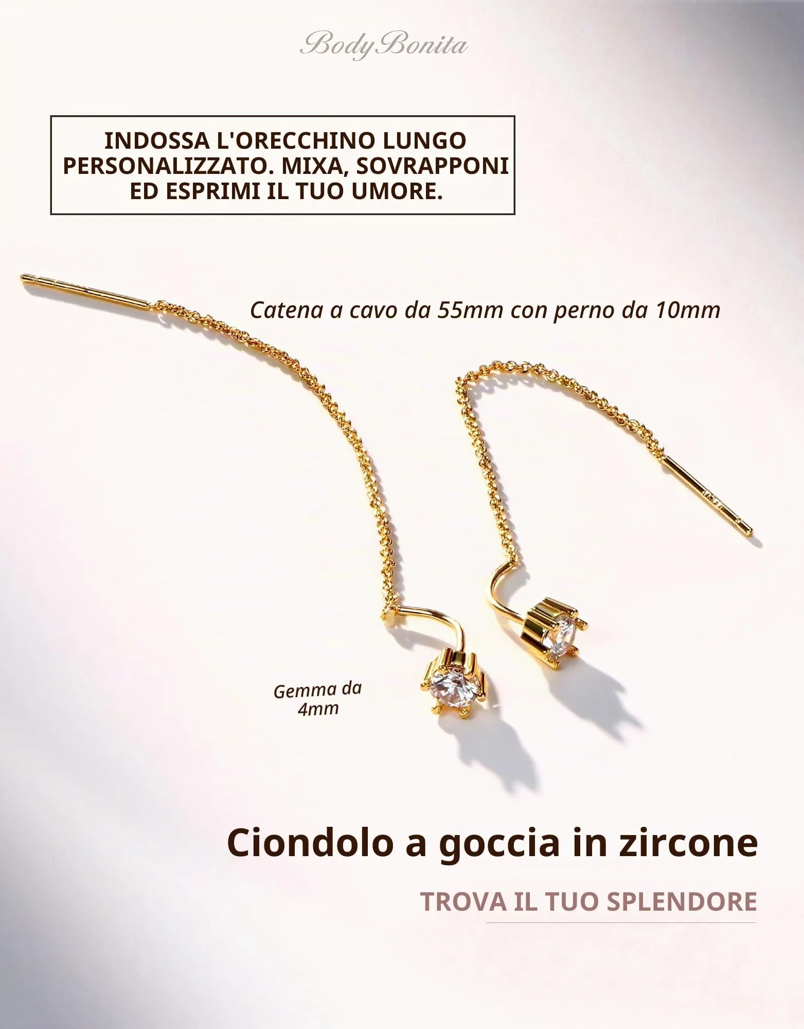 BodyBonita Orecchini Pendenti Donna in Argento Sterling 925 e Zirconia Cubica, Placcati in Oro 16K - immagine 2