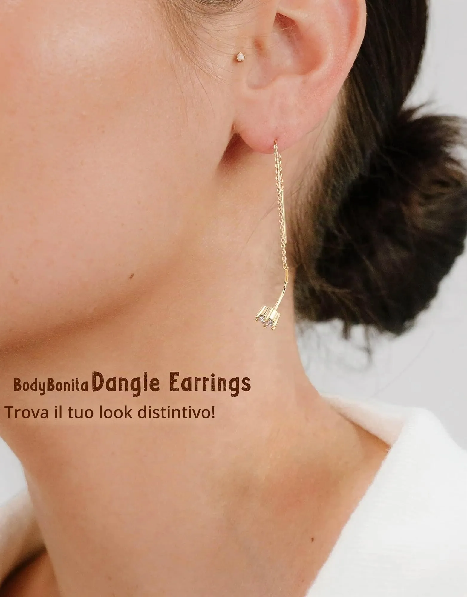 BodyBonita Orecchini Pendenti Donna in Argento Sterling 925 e Zirconia Cubica, Placcati in Oro 16K - immagine 3
