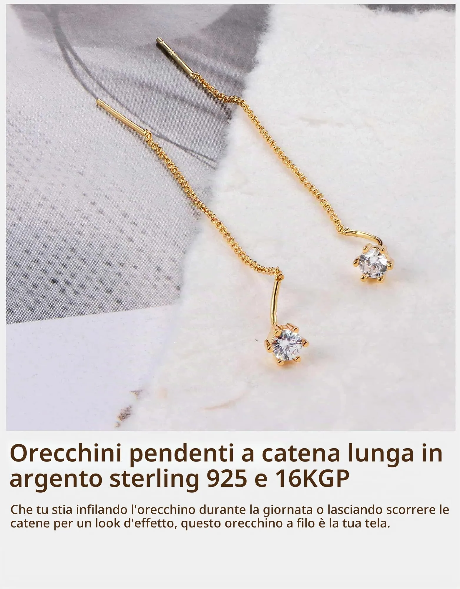 BodyBonita Orecchini Pendenti Donna in Argento Sterling 925 e Zirconia Cubica, Placcati in Oro 16K - immagine 4