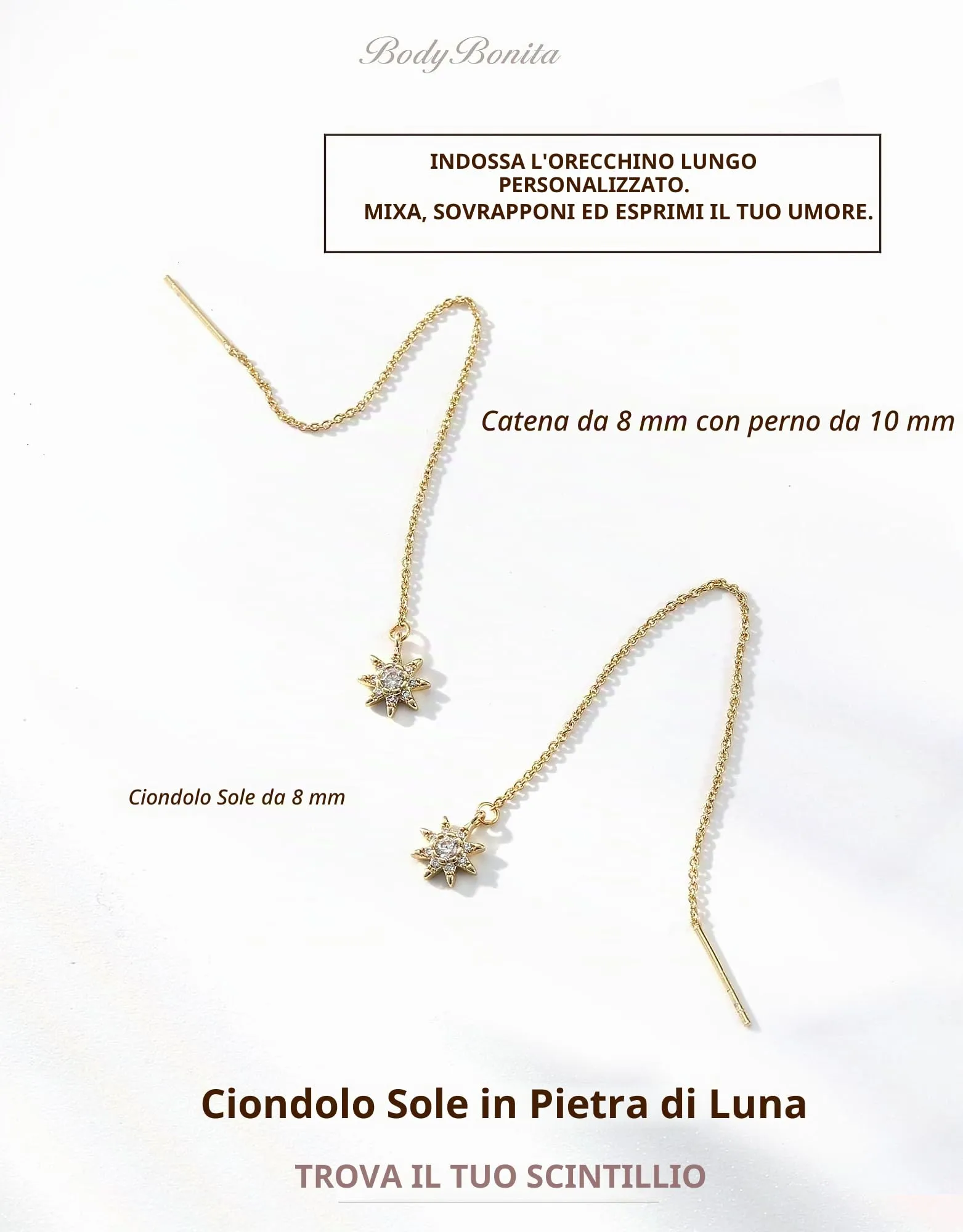 BodyBonita Orecchini Pendenti Donna con Sole in Argento Sterling 925 Placcati in Oro 16K - immagine 2