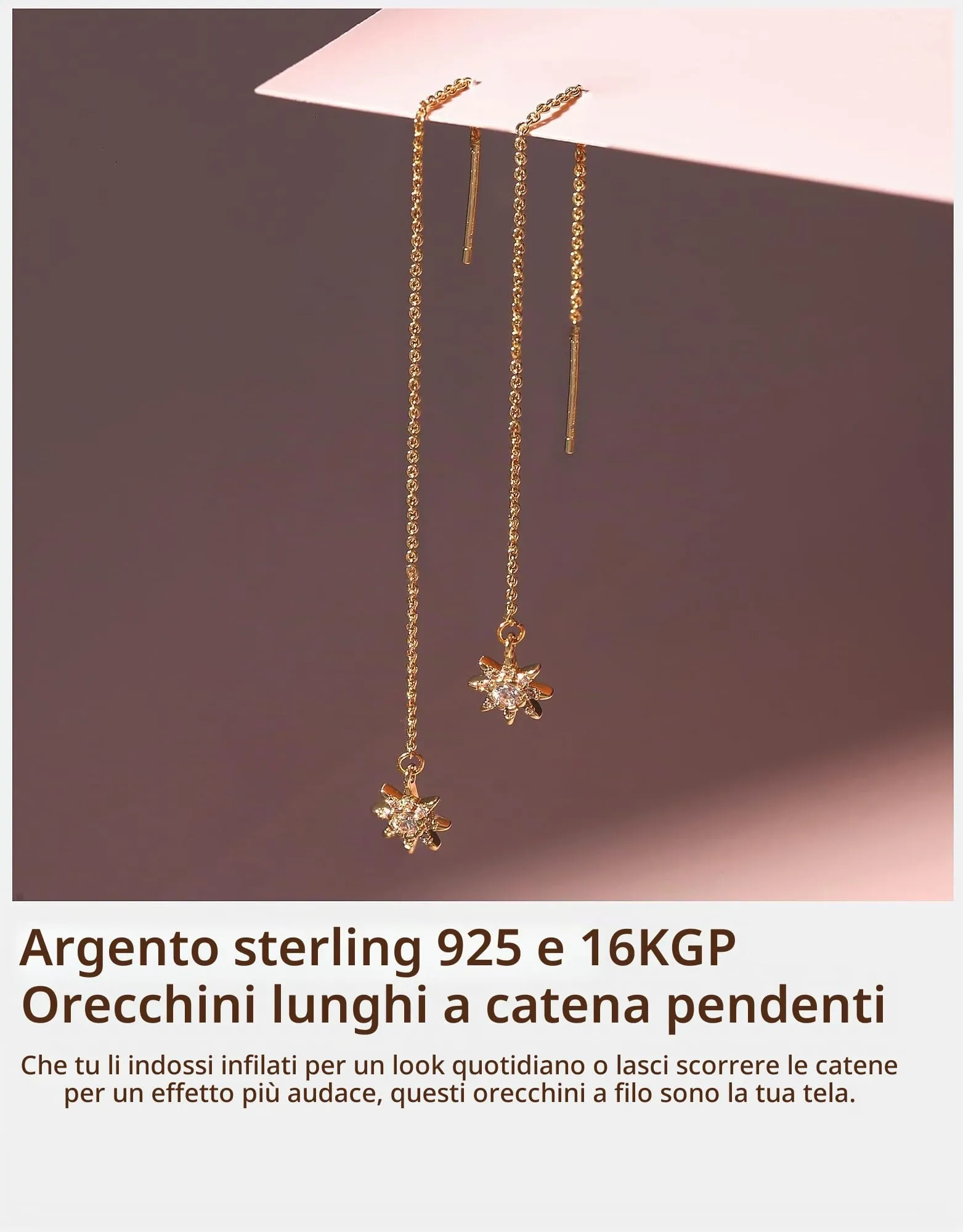 BodyBonita Orecchini Pendenti Donna con Sole in Argento Sterling 925 Placcati in Oro 16K - immagine 4
