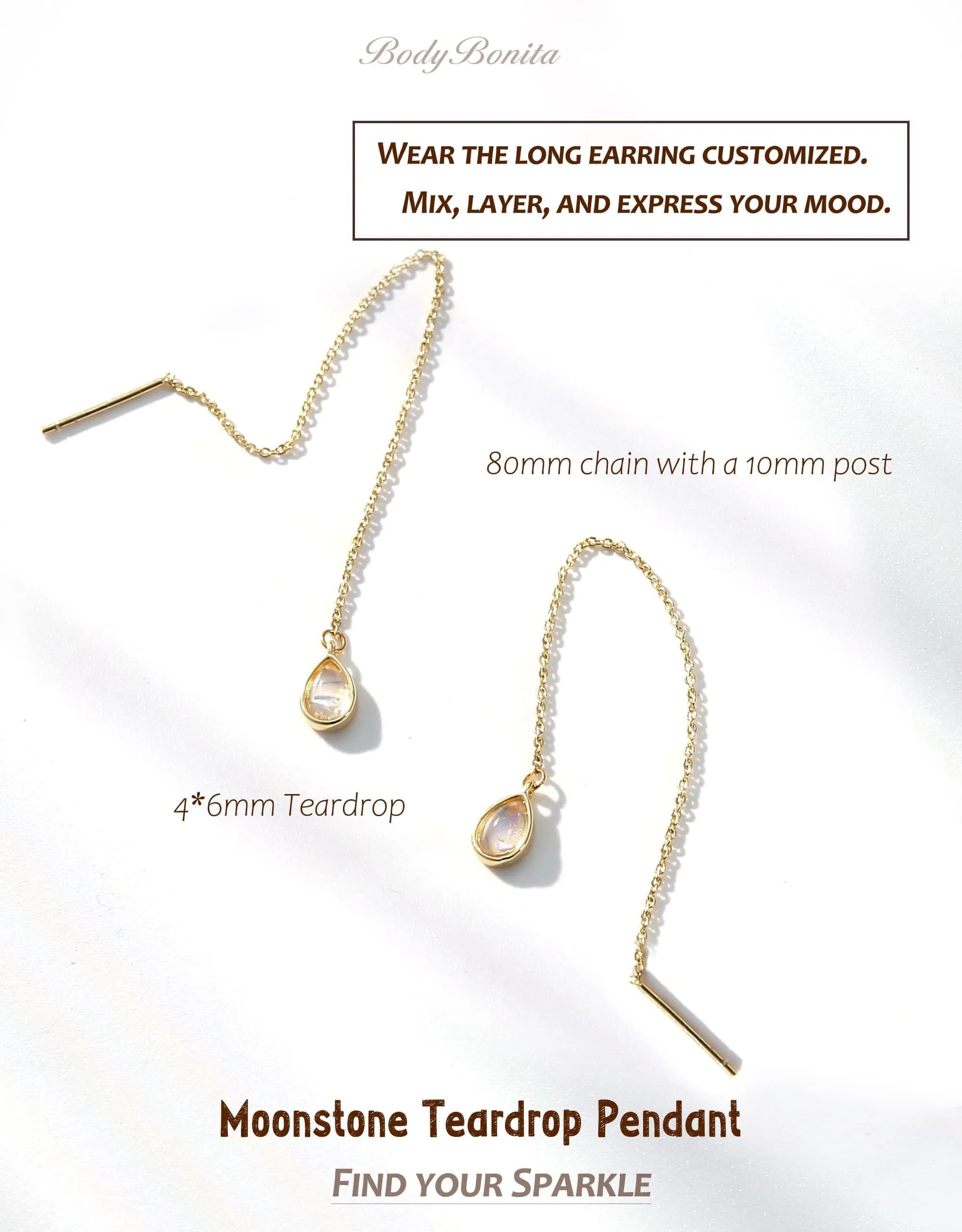 BodyBonita Orecchini Pendenti in Argento Sterling 925 con Pietra di Luna e Catena, Placcati in Oro 16K - immagine 2