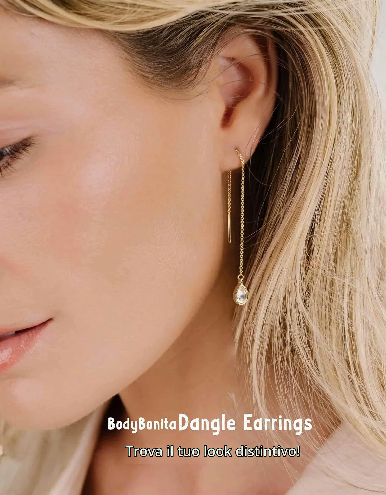 BodyBonita Orecchini Pendenti in Argento Sterling 925 con Pietra di Luna e Catena, Placcati in Oro 16K - immagine 3
