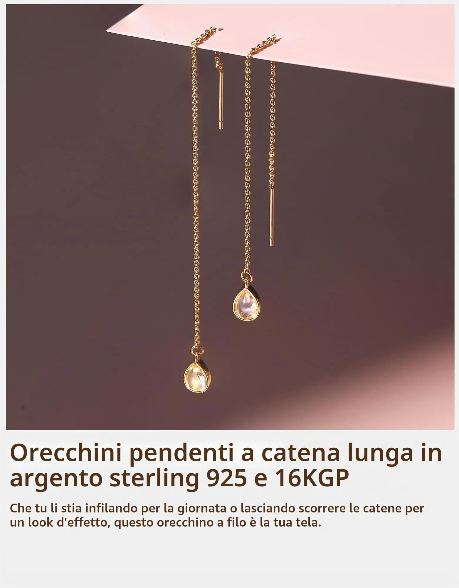 BodyBonita Orecchini Pendenti in Argento Sterling 925 con Pietra di Luna e Catena, Placcati in Oro 16K - immagine 4