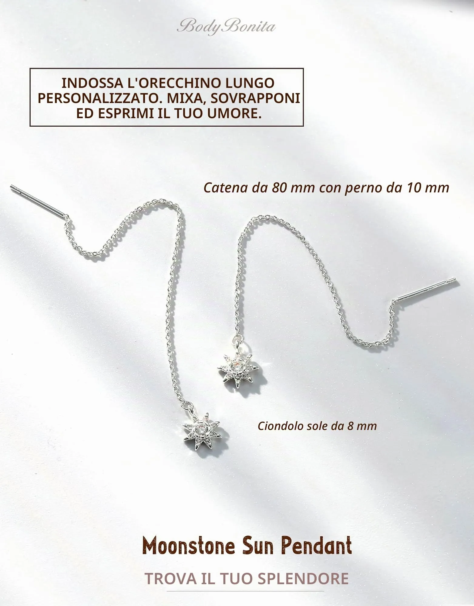 BodyBonita Orecchini Pendenti Donna con Sole, Catena in Argento Sterling 925, Color Argento - immagine 2