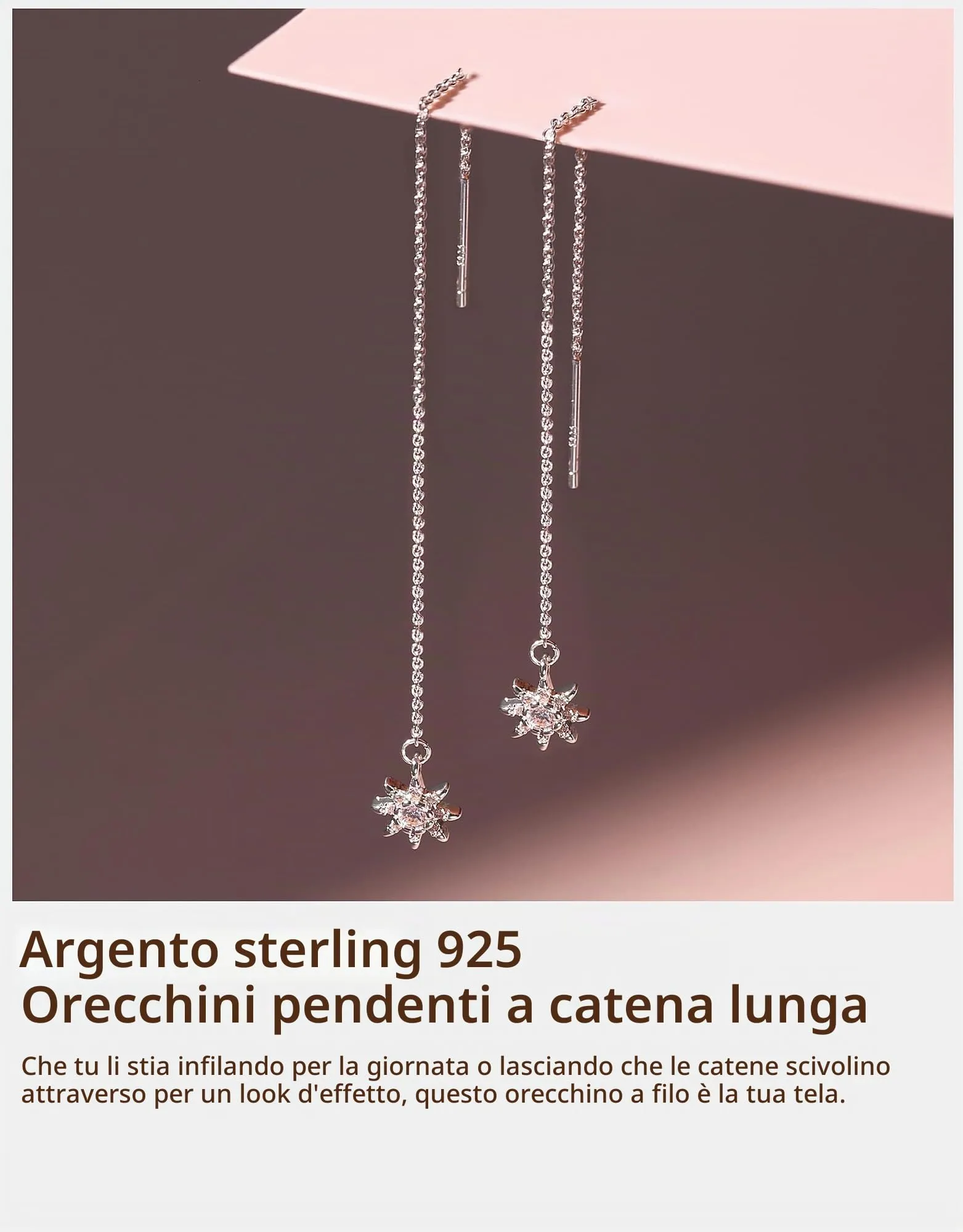 BodyBonita Orecchini Pendenti Donna con Sole, Catena in Argento Sterling 925, Color Argento - immagine 4