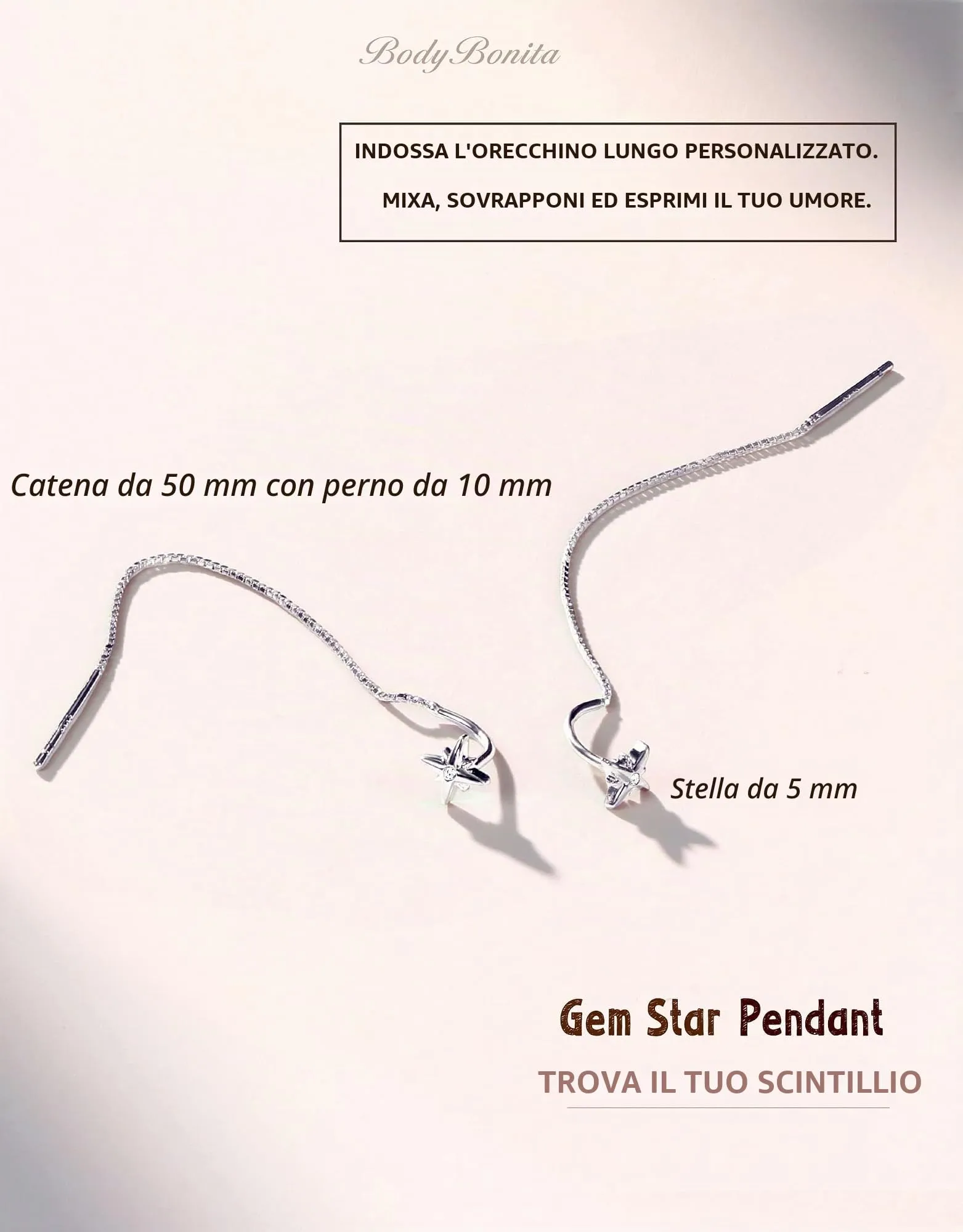 BodyBonita Orecchini Pendenti Donna in Argento Sterling 925 con Catena e Stella, Color Argento - immagine 2