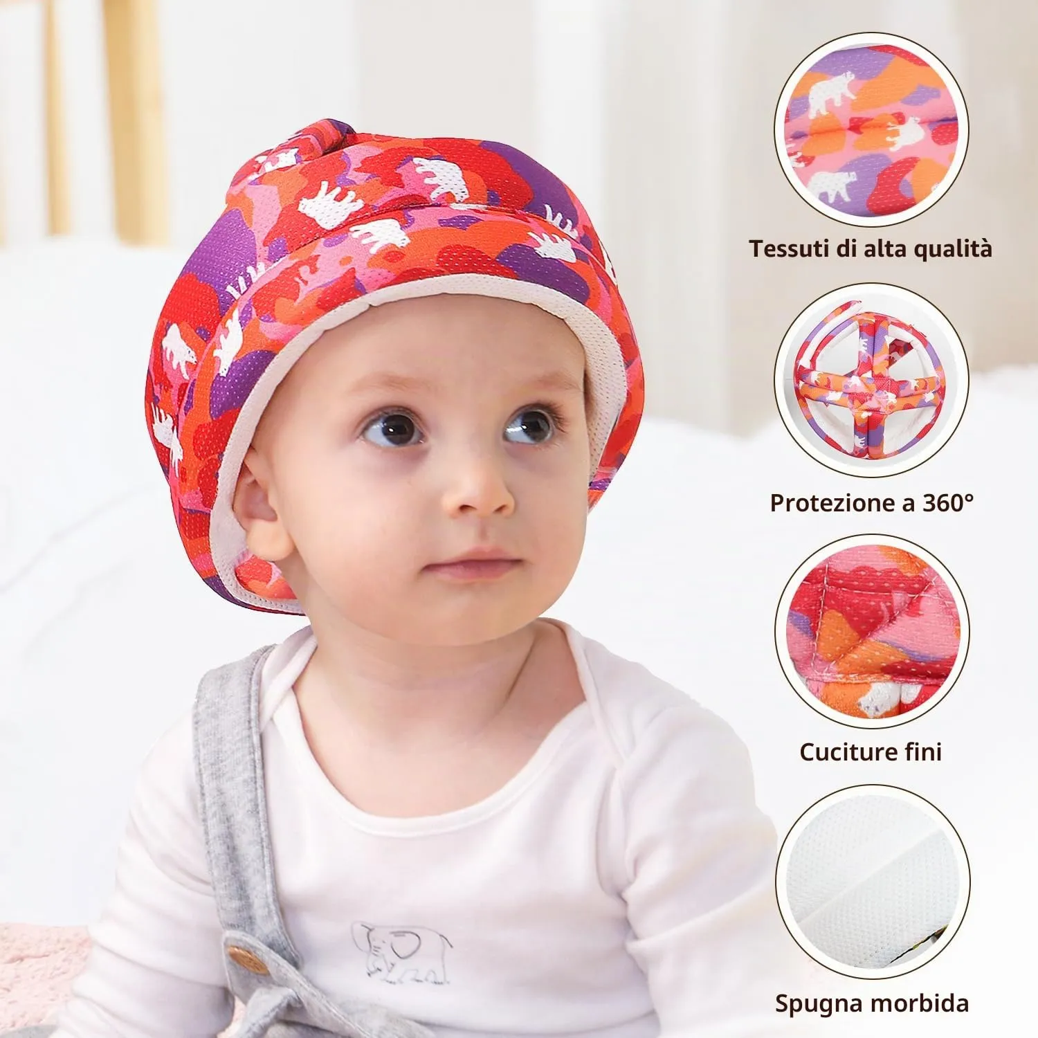 JUNUNDJING Caschetto Primi Passi per Bambini da 6 a 36 Mesi, Orso Rosso - immagine 3